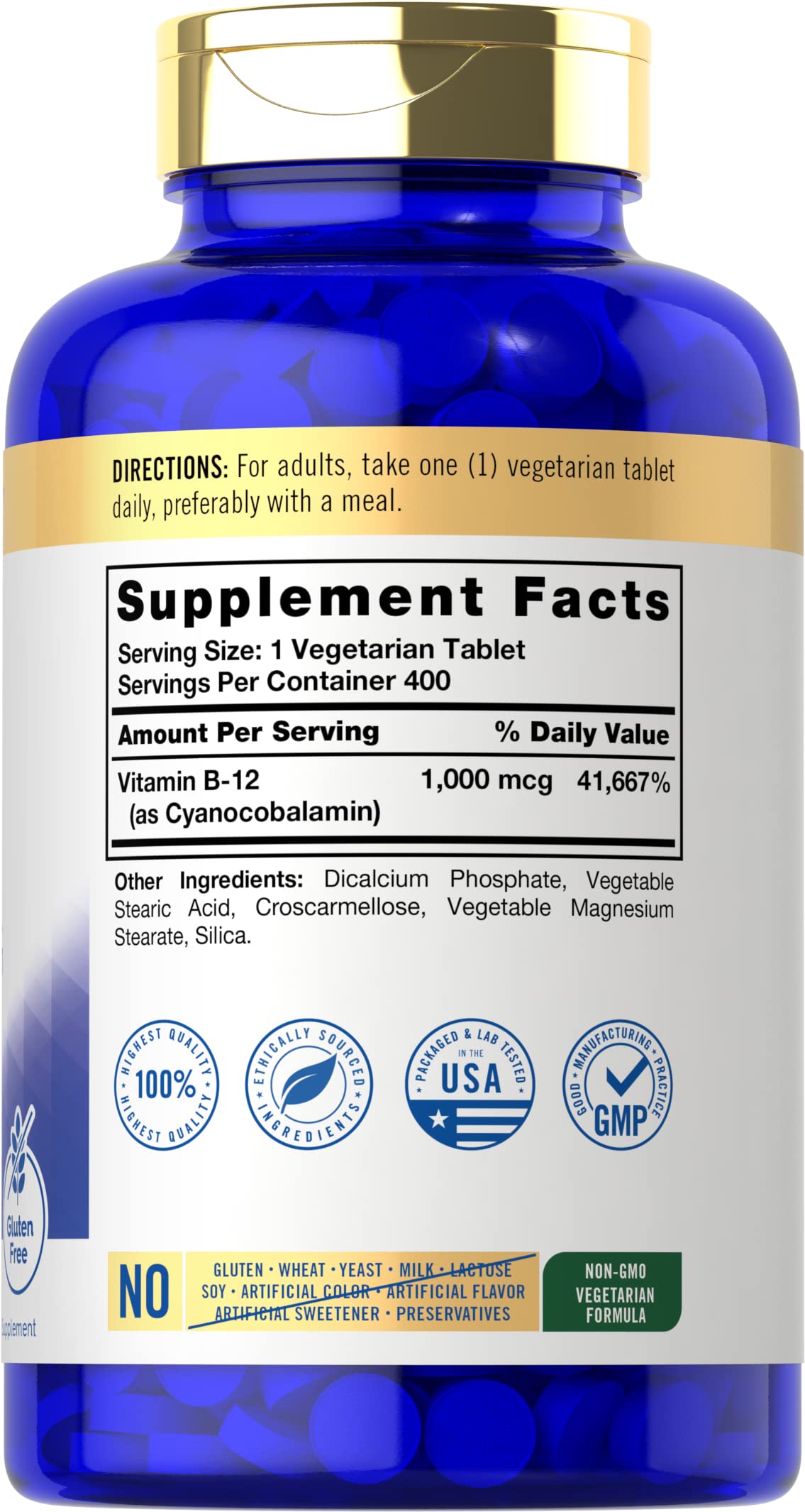 Carlyle Vitamin B12 1000mcg | 400 Tablets | Vegetarian, Non-GMO, Gluten Free Supplement