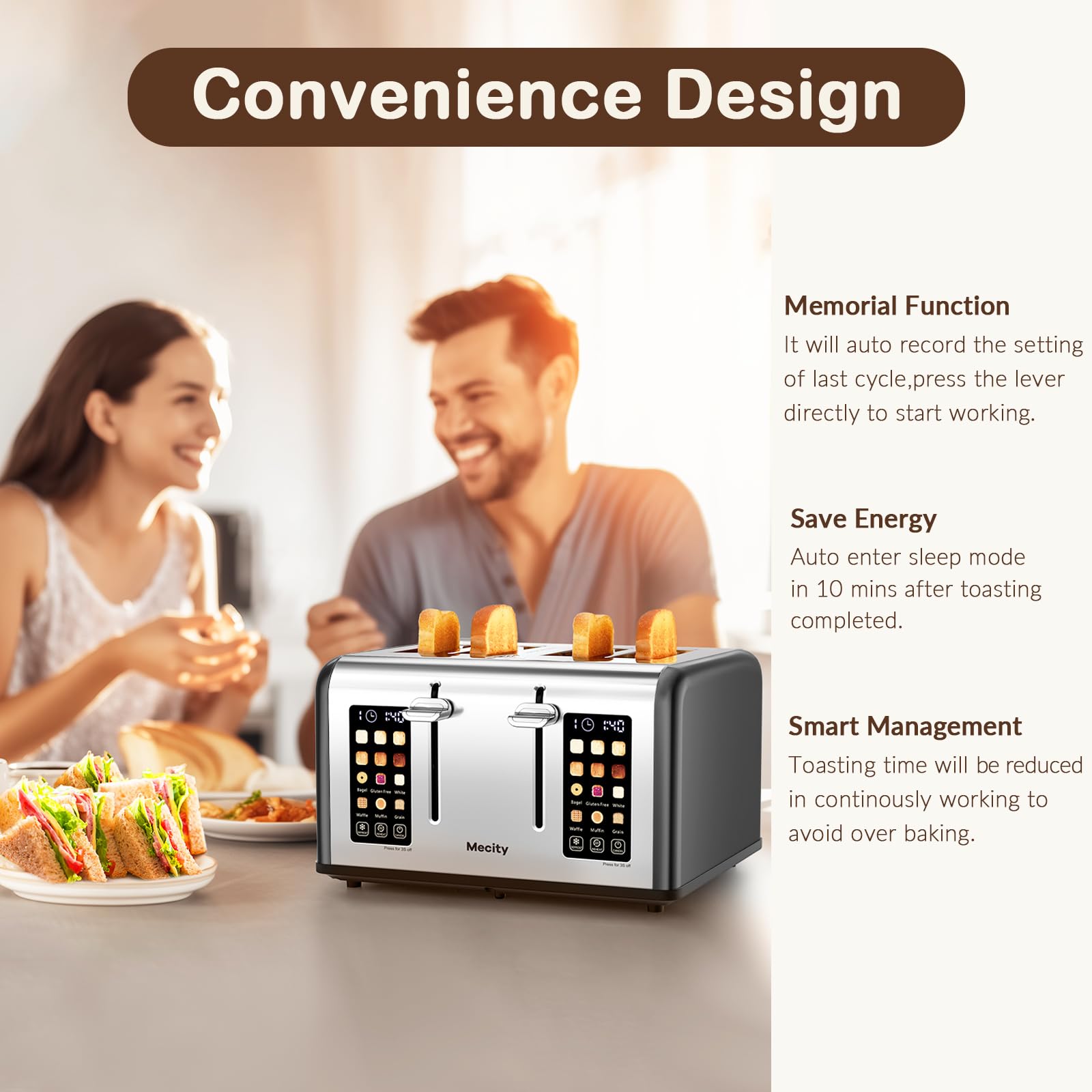 Mecity 4 Slice Toaster Touch Screen Control 4 Wide Slot, Stainless Steel Smart Bread Toaster for Bagel Muffin Waffle, Dual Control Pannel, Timer, Defrost, Reheat, 120V 1650W