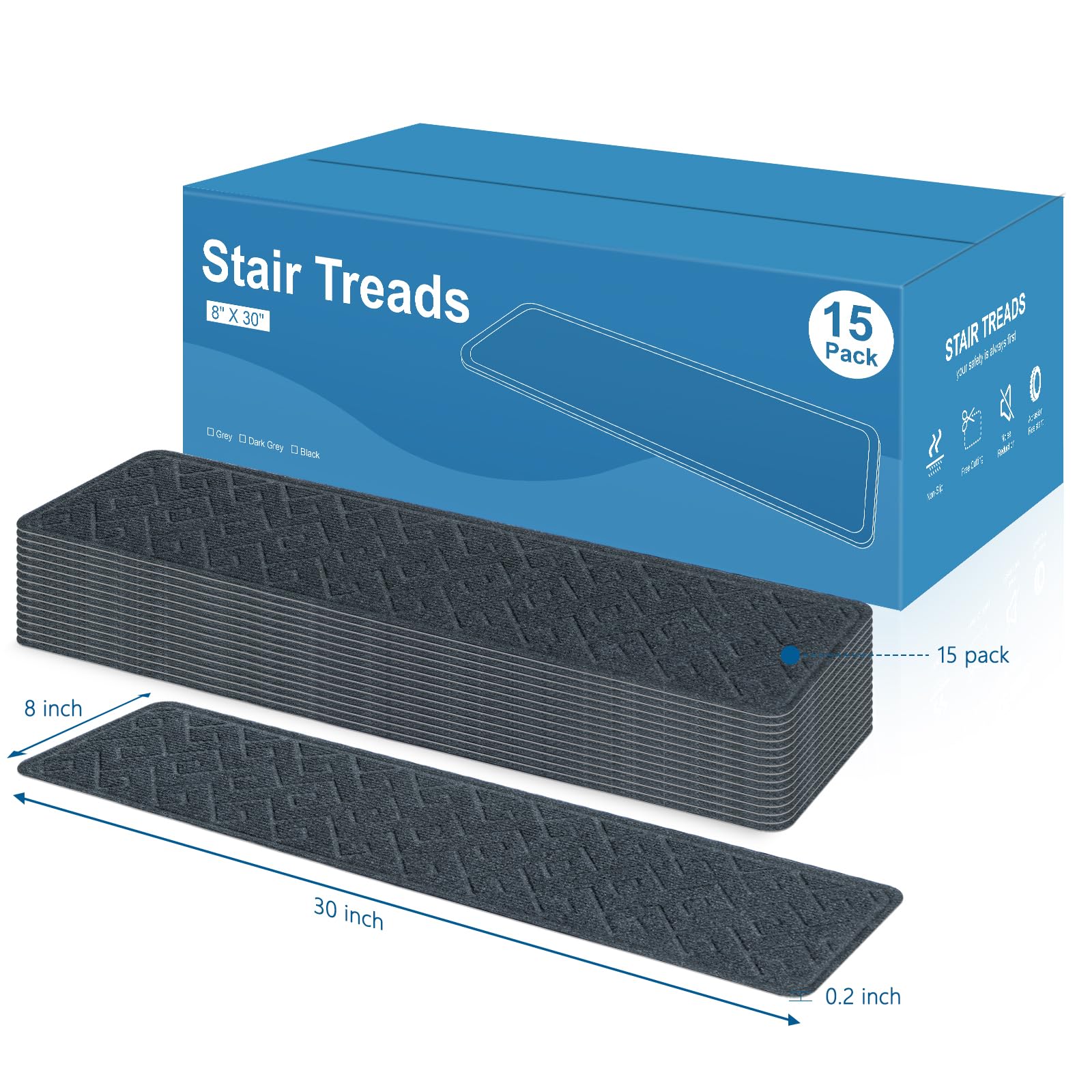 Stair Treads for Wooden Steps, 8" X 30" Non Slip Stair Runner Carpet Indoor with Reusable Adhesive Backing, Soft Tread Mat for Stairs, Polyester TPR Backing Stair Rugs- Dark Gray 15 Pack