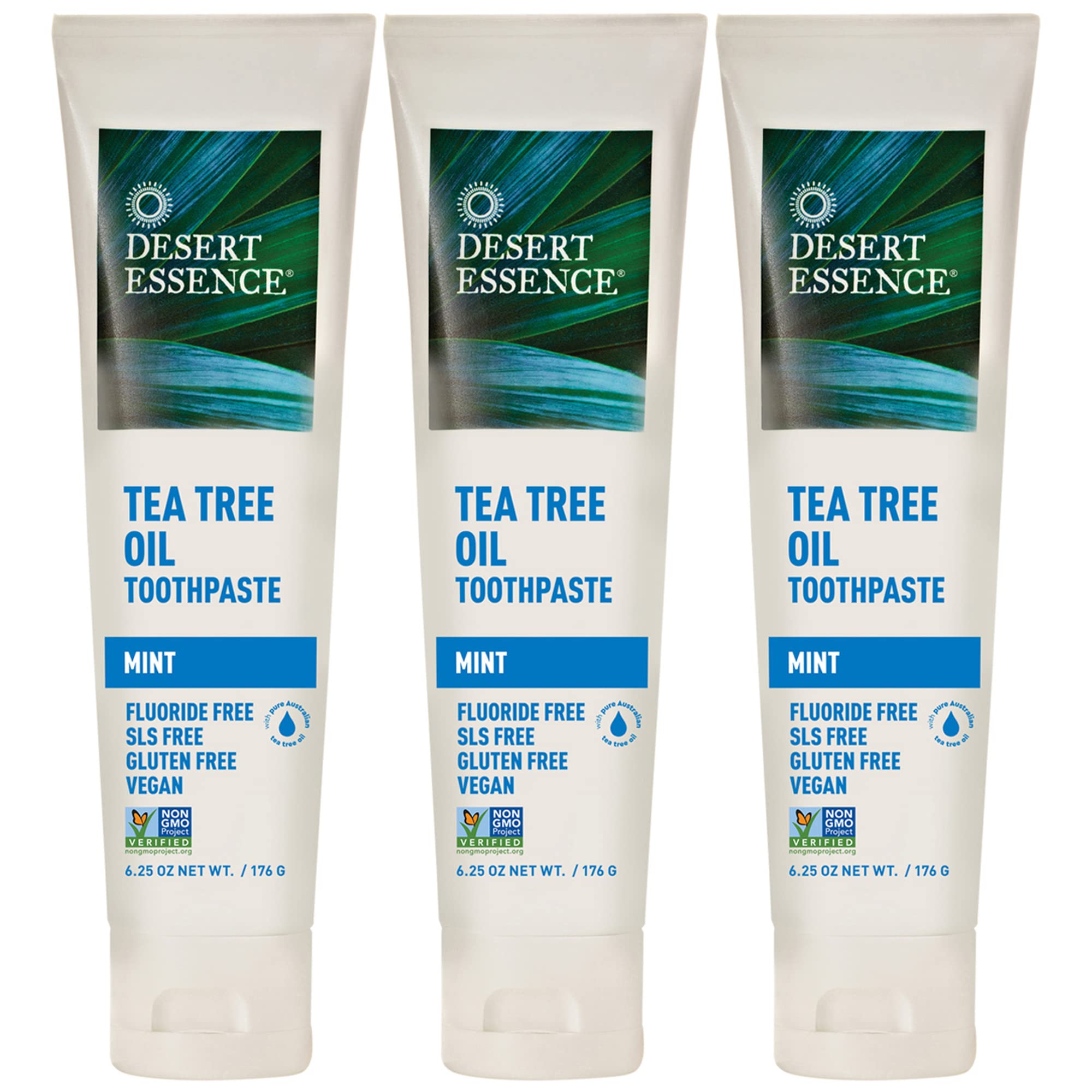 Desert Essence Tea Tree Oil Toothpaste - Mint - 18.75 Oz (6.25 Oz * Pack of 3) - Refreshing Taste - Deep Cleans Teeth & Gums - Helps Fight Plaque - Sea Salt - Pure Essential Oil - Baking Soda