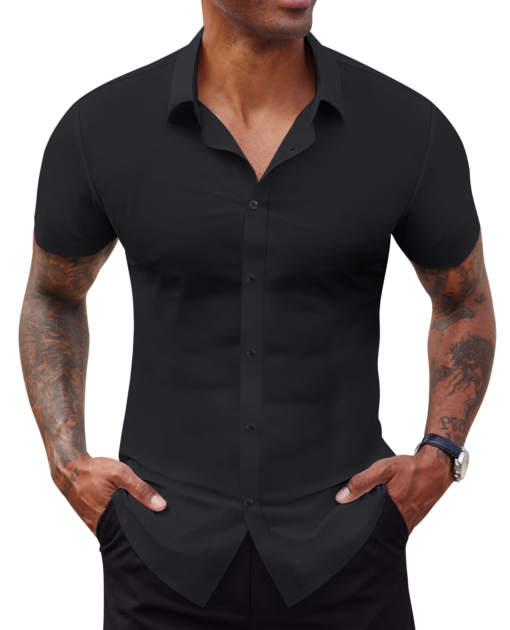 Lion Nardo Stretch Dress Shirts for Men Short Sleeve Slim Fit Casual Button Down Shirts Muscle Fit Men's Dress Shirts Black