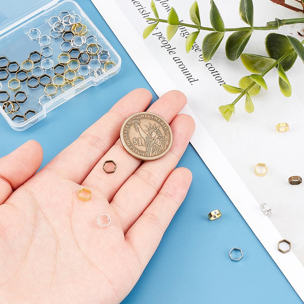 PH PandaHall 80pcs Hexagon Bead Frame, 4 Colors Brass Polygon Frame Connectors 6x7x2mm Loose Beads Two Hole Frame Spacer Beads Circle Bead Frame for Beading Earring Bracelet Necklace Making