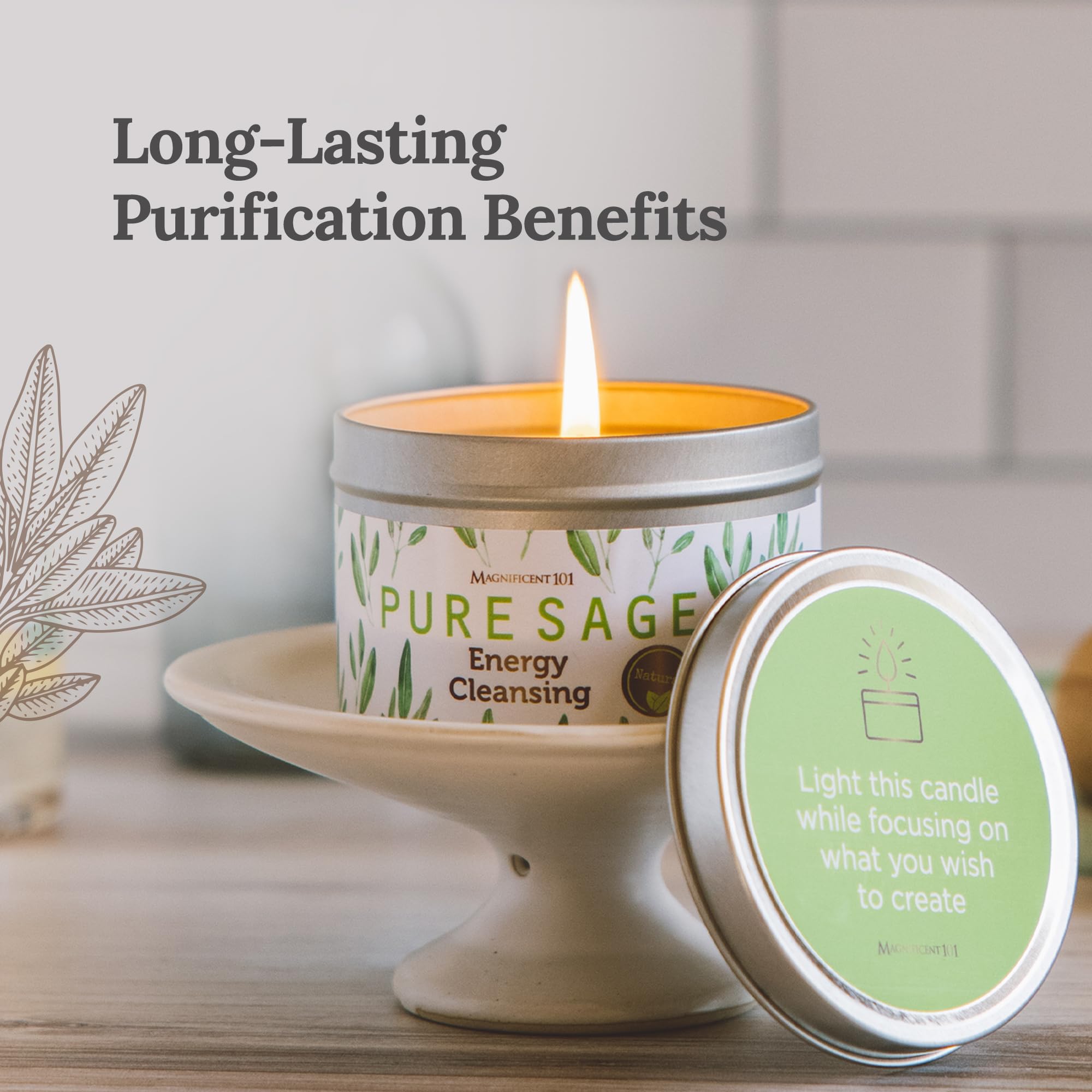 Magnificent 101 Long Lasting Pure White Sage Candle - 6 Oz - 35 Hour Burn Time | Organic, All Natural, Paraffin Free Candle to Cleanse Your Home & Calm, Soothe, Relax and Restore The Body & Mind