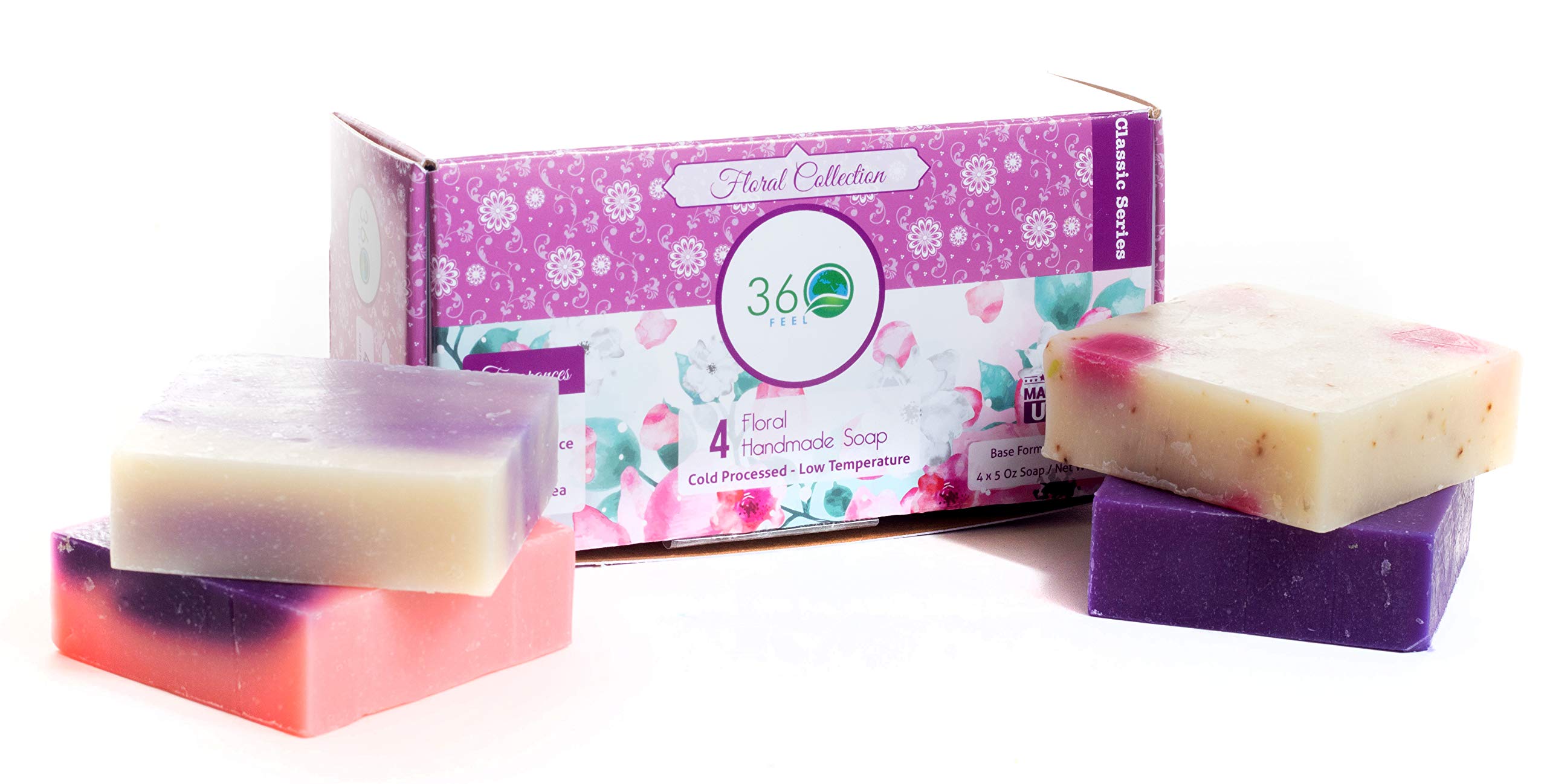 360Feel Floral 4 large Soap bar - Flower scents Lavender, Lilac, Hydrangea - Anniversary Wedding Gift Set - Handmade Natural Organic with Essential Oil, Pink, 5 Ounce (Pack of 4)