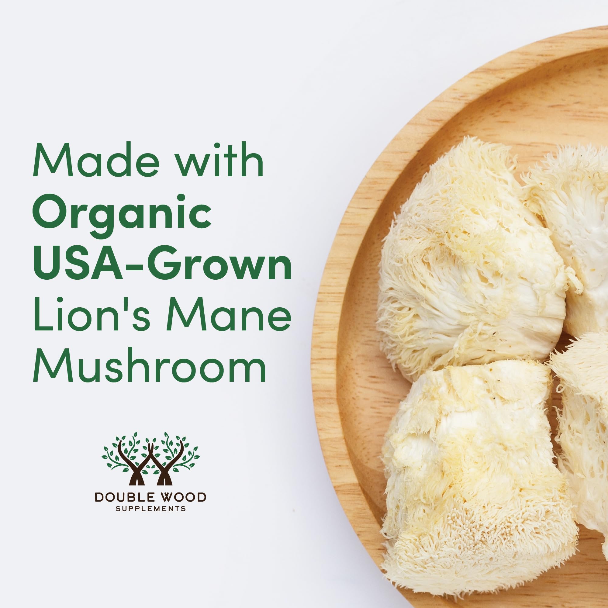 Organic Lions Mane Supplement - Grown in The USA - Two Month Supply - 120 Count - Mushroom Supplement for Brain Support and Immune Health (Third Party Tested) by Double Wood