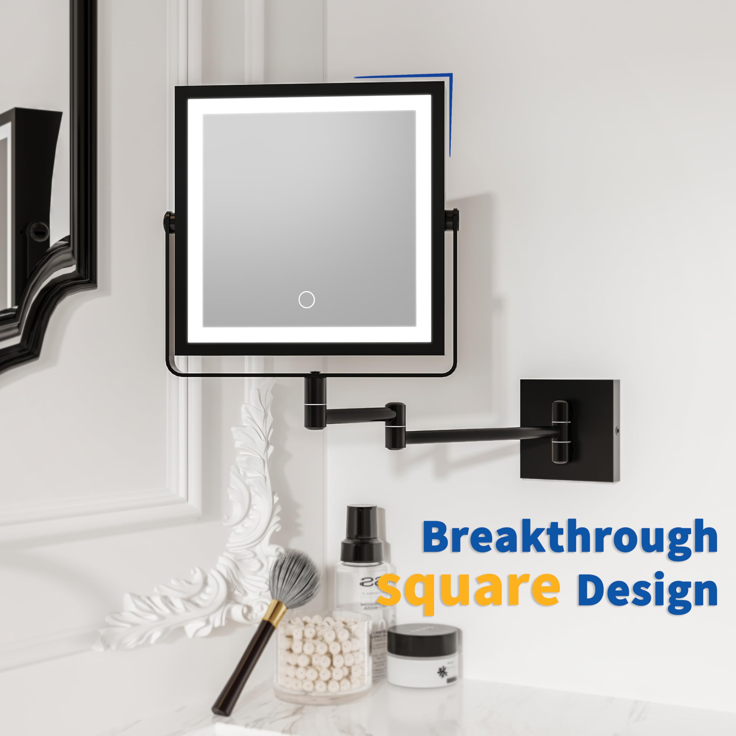 Ruacq Rechargeable Wall Mounted Makeup Mirror with Lights, Double Sided 1X/10X Magnifying Vanity Mirror with 3 Color Lighting, Touch Screen Dimmable, 360° Rotation Extension Foldable Arm(Matte Black)