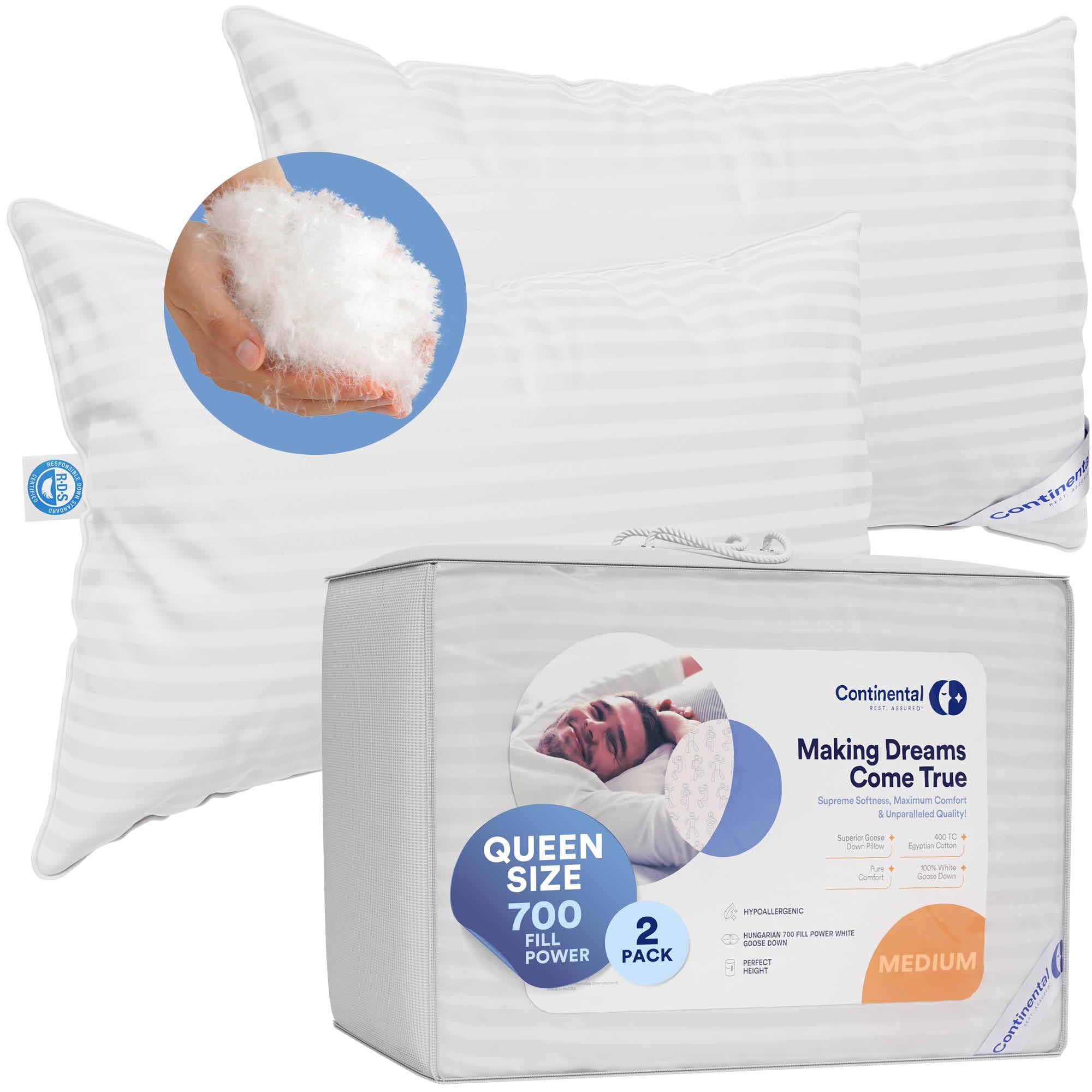 Continental Bedding | Serenity Goose Down Pillow | 700 Fill Power Hungarian White Down | 400TC Cotton Damask Shell | Made in USA | Medium, Queen (Pack of 2), 2 Count