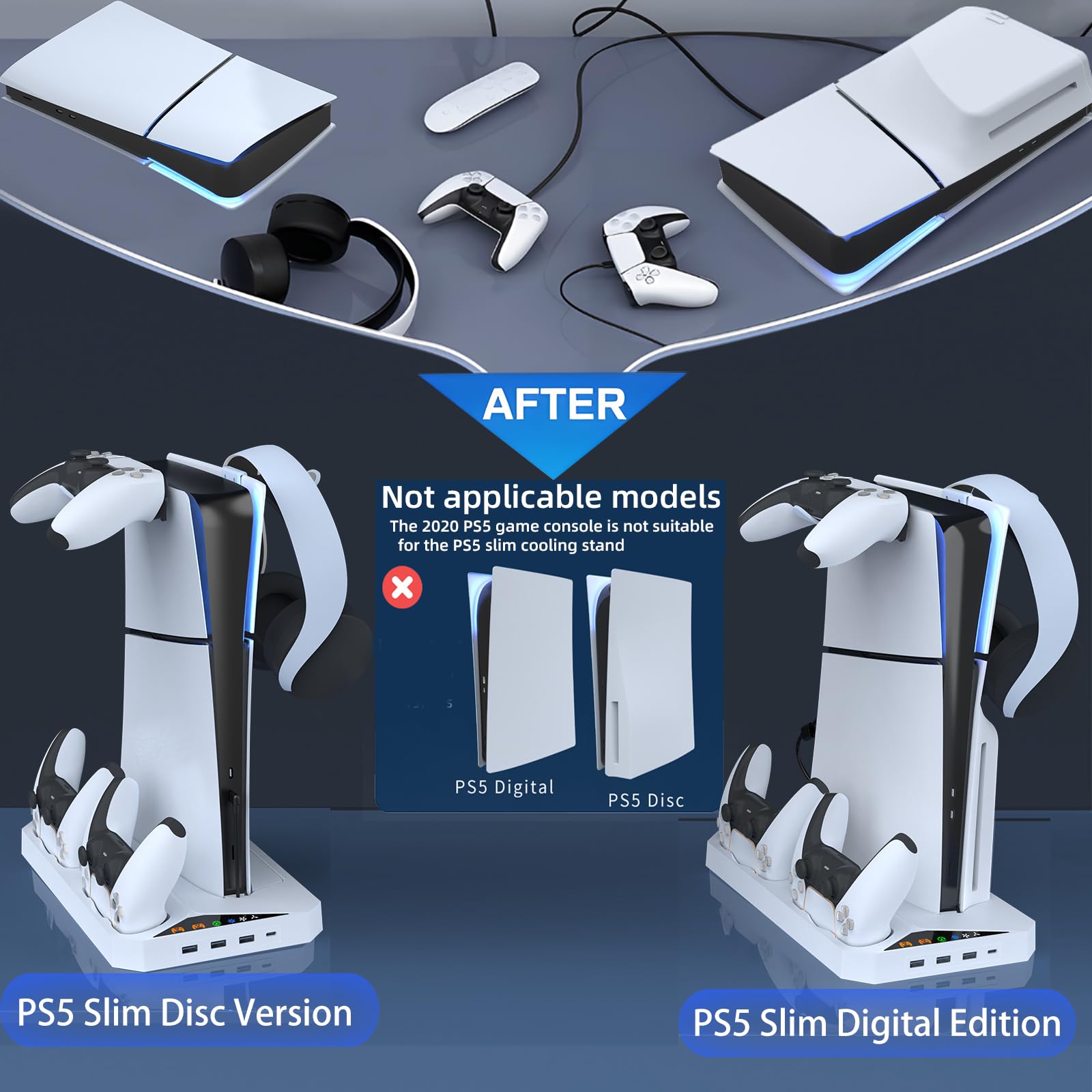 PS5 Slim Stand and Cooling Station with Dual Controller Charging Station for PlayStation 5 Slim Disc/Digital, Vertical Cooling Stand with 2 Headset Holder, 3 USB Hubs(Not for Regular PS5)