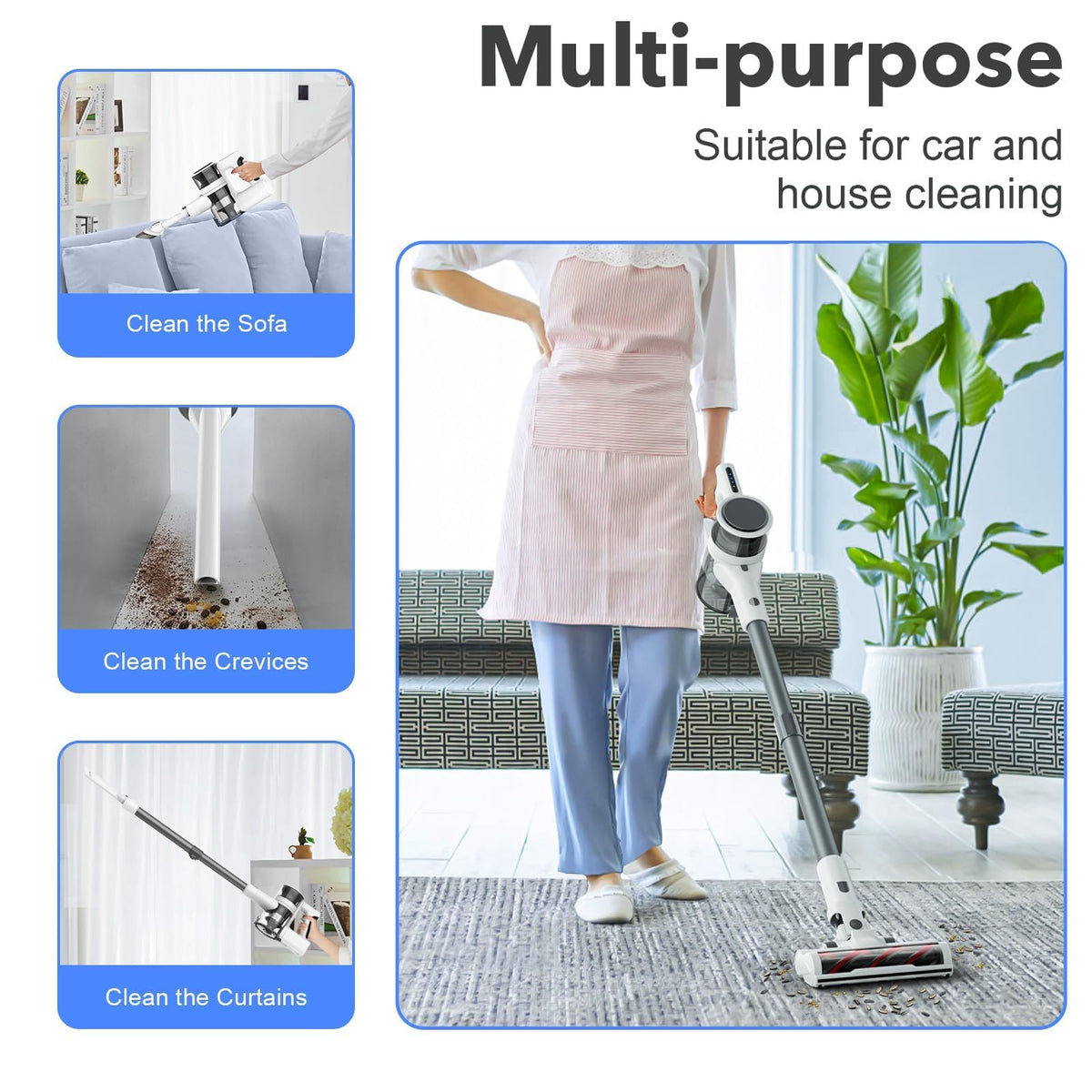 80,000PRM Cordless Vacuum Cleaners for Home, Powerful Vacuum with 2200mAH Battery up to 35 Mins Runtime, 2 Adjustable Modes and Tube Height, Detachable Parts Wireless Stick Vacuum (Light Snow White)