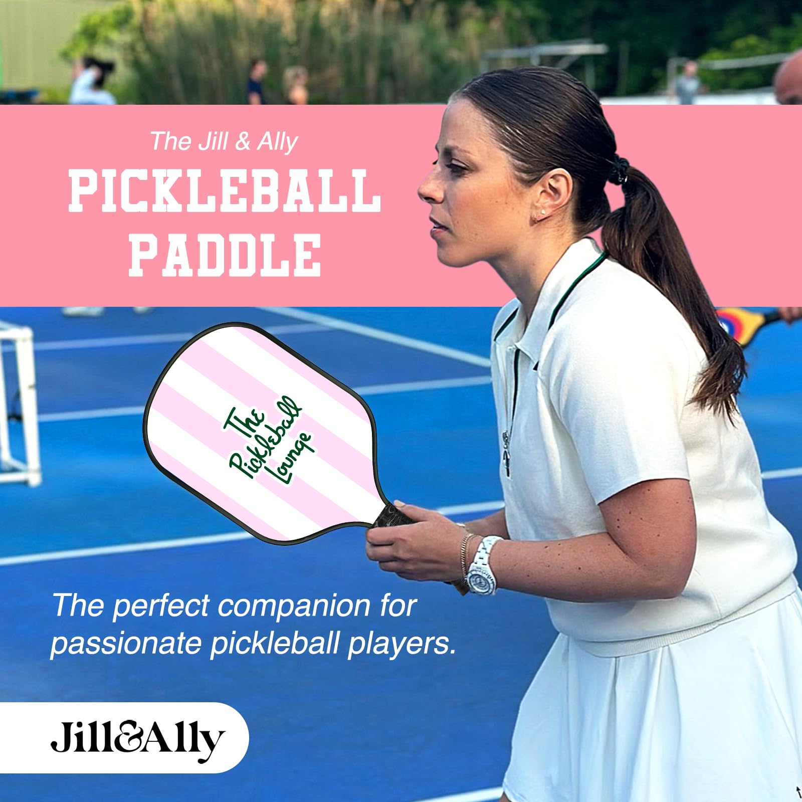 Jill & Ally Lounge Pink Pickleball Paddle, Carbon Fiber Materials, 16.5” x 7.5", Extra Long Handle, Vegan Leather PU Grip, Unique Edge Guard All Skill Levels