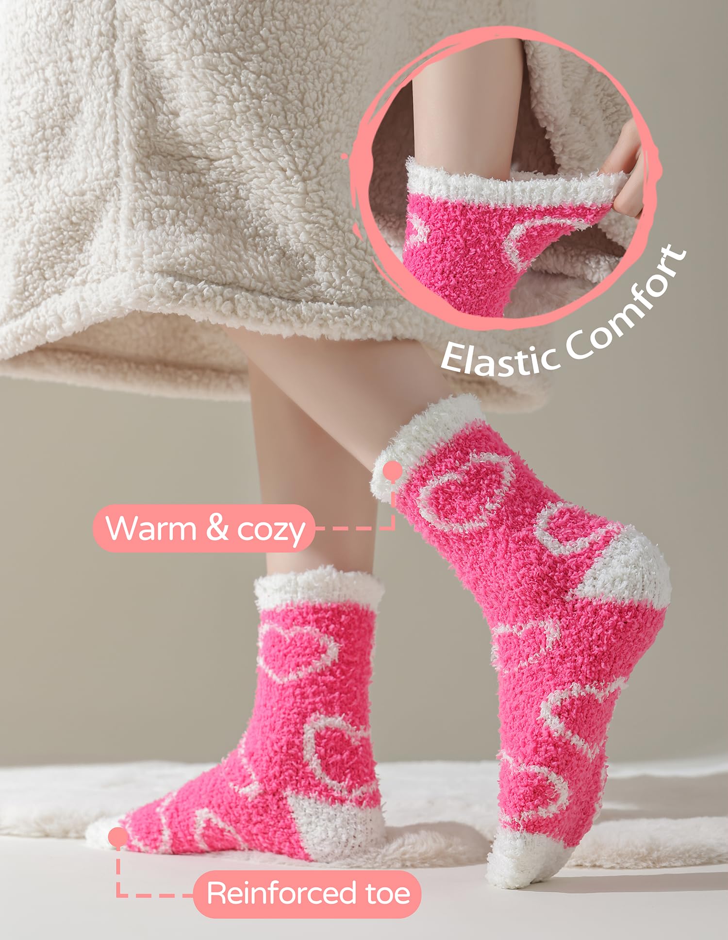 TEHOOK Valentines Gifts-Warm Fuzzy Cozy Fluffy Soft Socks-Pink Heart Valentines Socks-Valentines Day Gifts for Her Girlfriend Wife Women Girls-Valentines Basket Stuffers