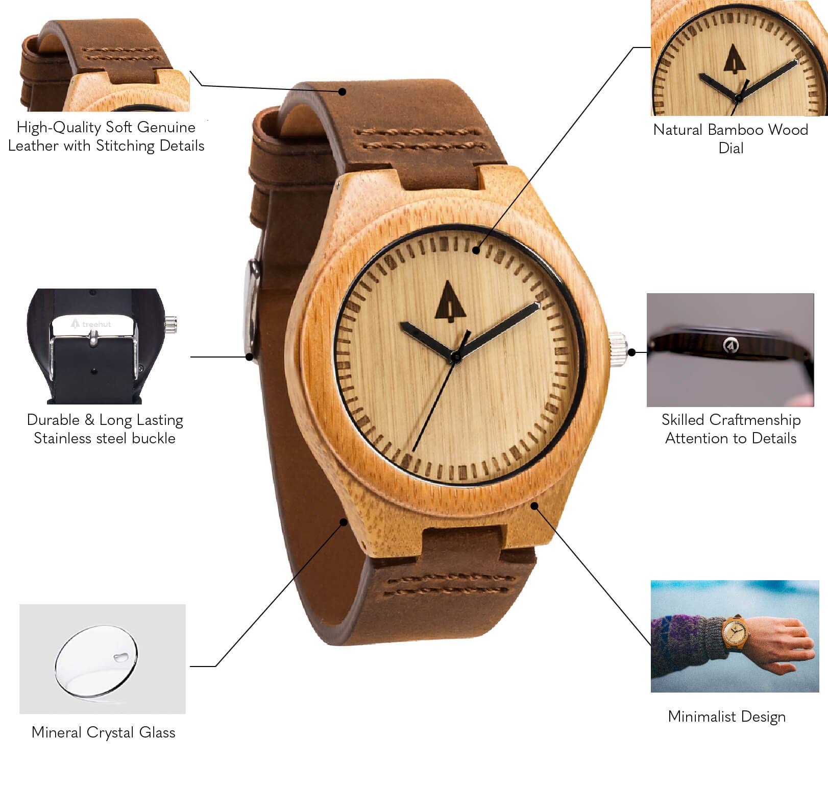 Treehut Wooden Watches for Men, Japanese Quartz Movement, Stylish Exotic Wrist Watch with Adjustable Stainless Steel Buckle, Leather Straps, Watch Made Real Wood, Relojes para Hombre