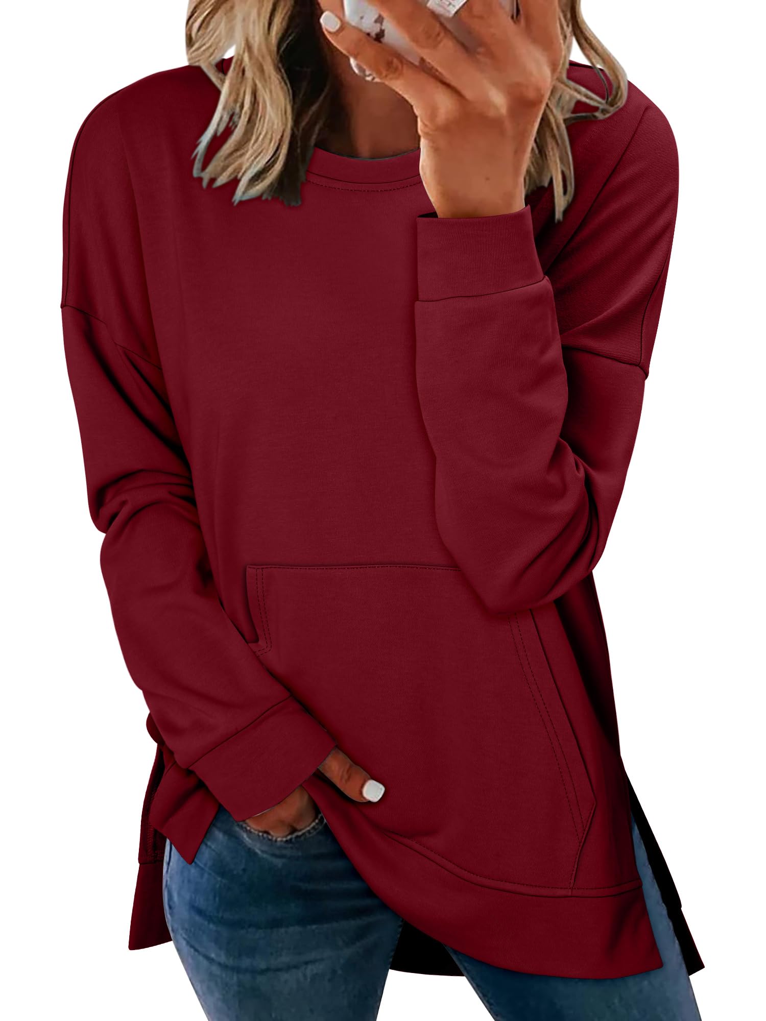 BETTE BOUTIK pocket Sweatshirt Womens Tops and Blouses Long Tops with Side Slits for Women Long Sleeve Sweatshirts WineRed Medium