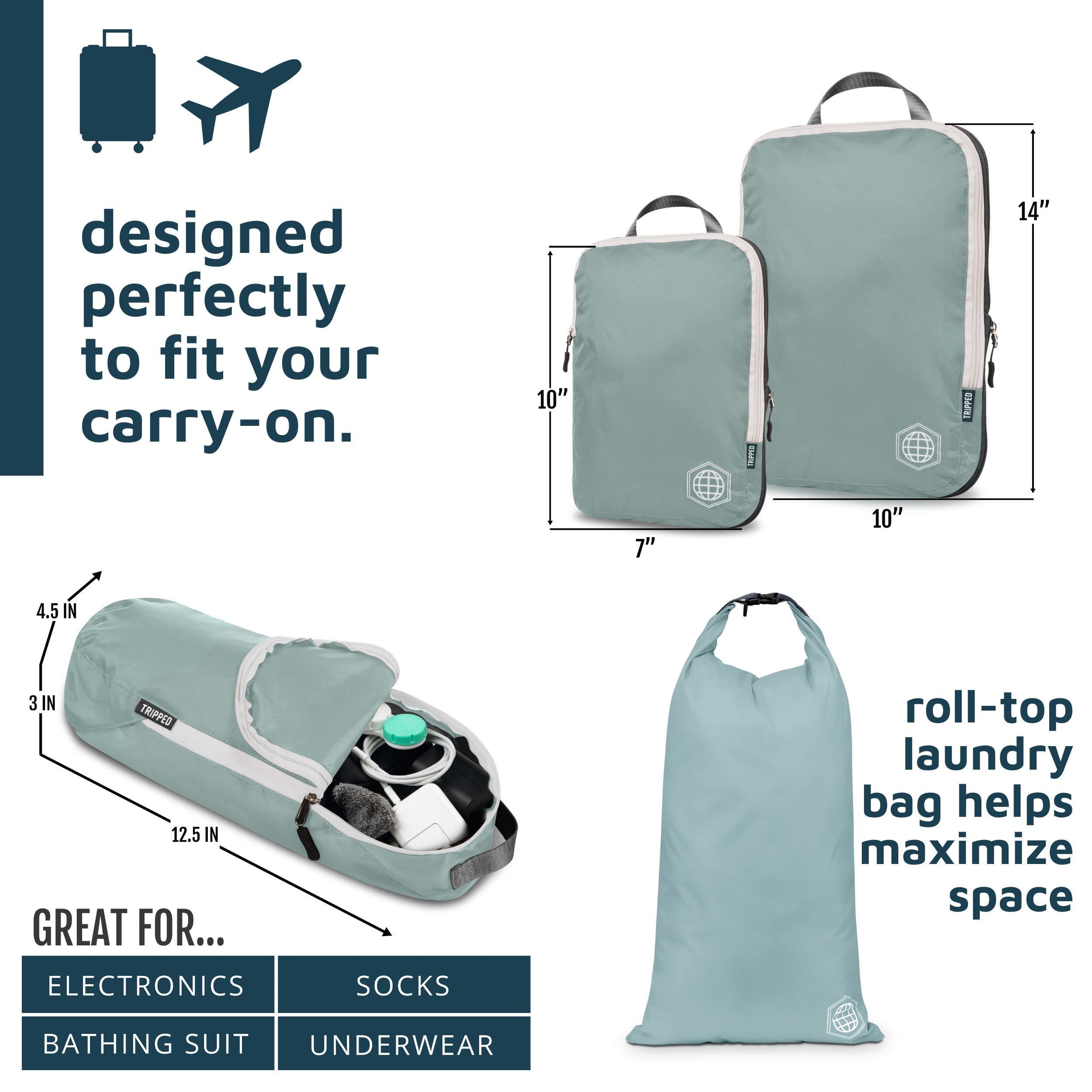 TRIPPED Travel Gear Compression Packing Cubes for Travel - Luggage and Backpack Organizer Packaging Cubes for Clothes (Dusty Teal and White, 6 Piece Set)