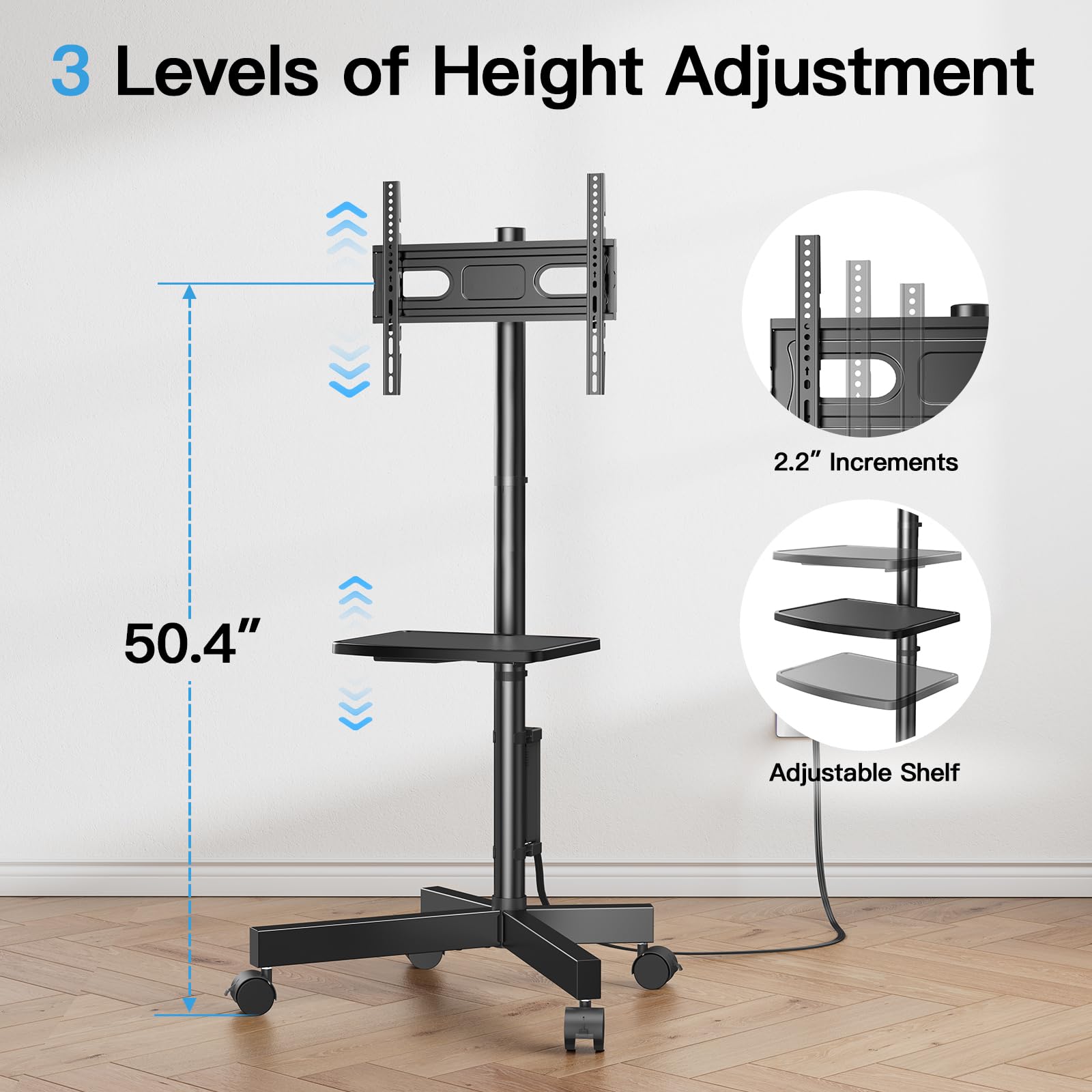 HUANUO Rolling TV Stand with Power Outlet, Mobile TV Stand for 23-60 Inch Flat/Curved LED/LCD/OLED TVs up to 88 lbs, TV Cart Height Adjustable Portable TV Stand on Wheels Max VESA 400x400mm- HNTVMC02