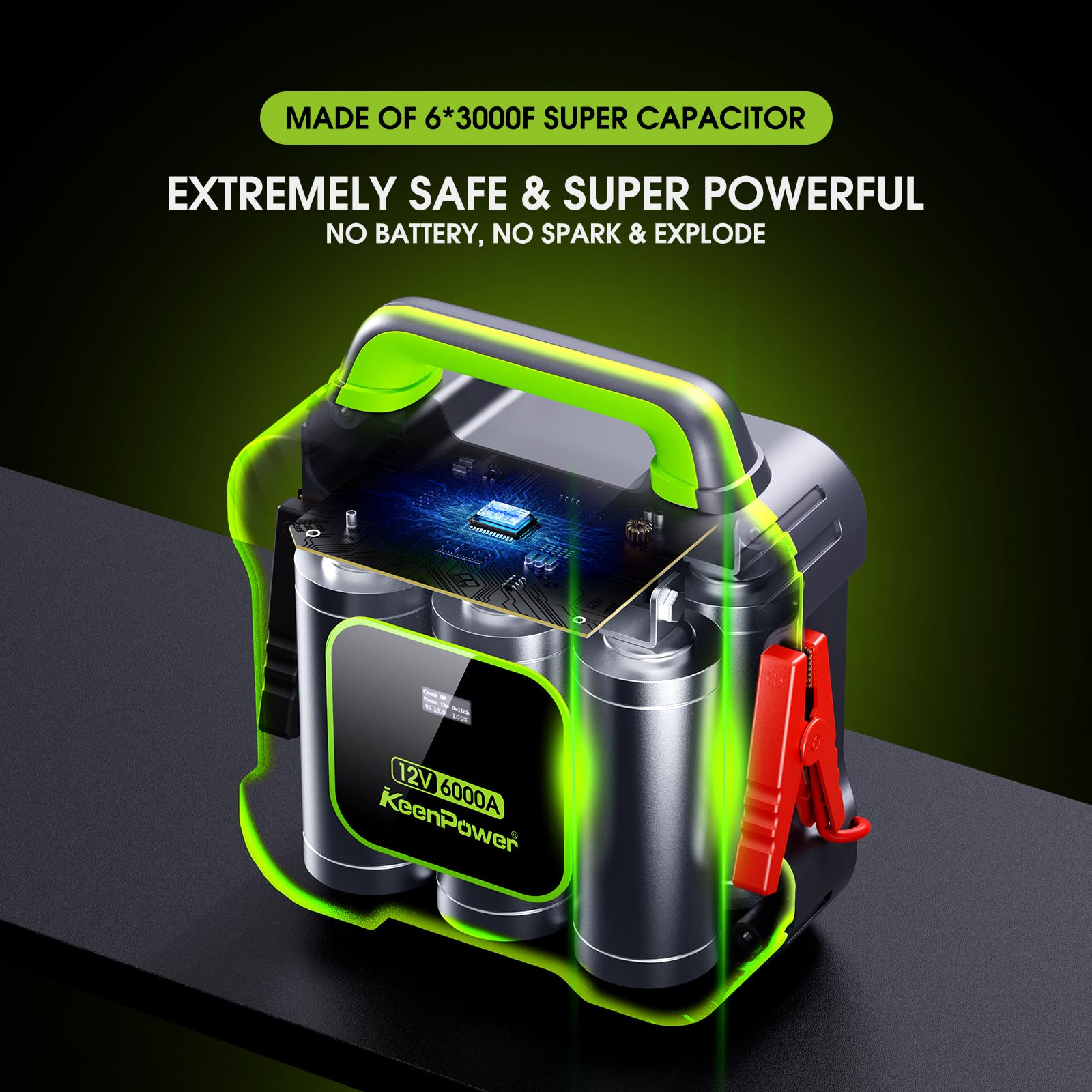 KeenPower 6000A Super Capacitor Battery-Less Portable Jump Starter for 12V Car, Built-in 6 * 3000F Supercapacitor, No Pre-Charging Need, Extremely Safe, Always Ready Jump Start All 12V Car