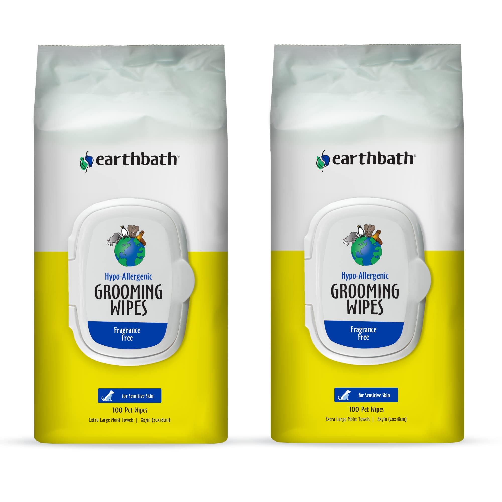 earthbath, Hypo-Allergenic Grooming Wipes - Fragrance Free Dog Wipes for Paws and Butt, Best Pet Wipes for Dogs with Sensitive Skin, Made in USA, Cruelty-Free Dog Cleaning Wipes - 100 Count (2 Pack)