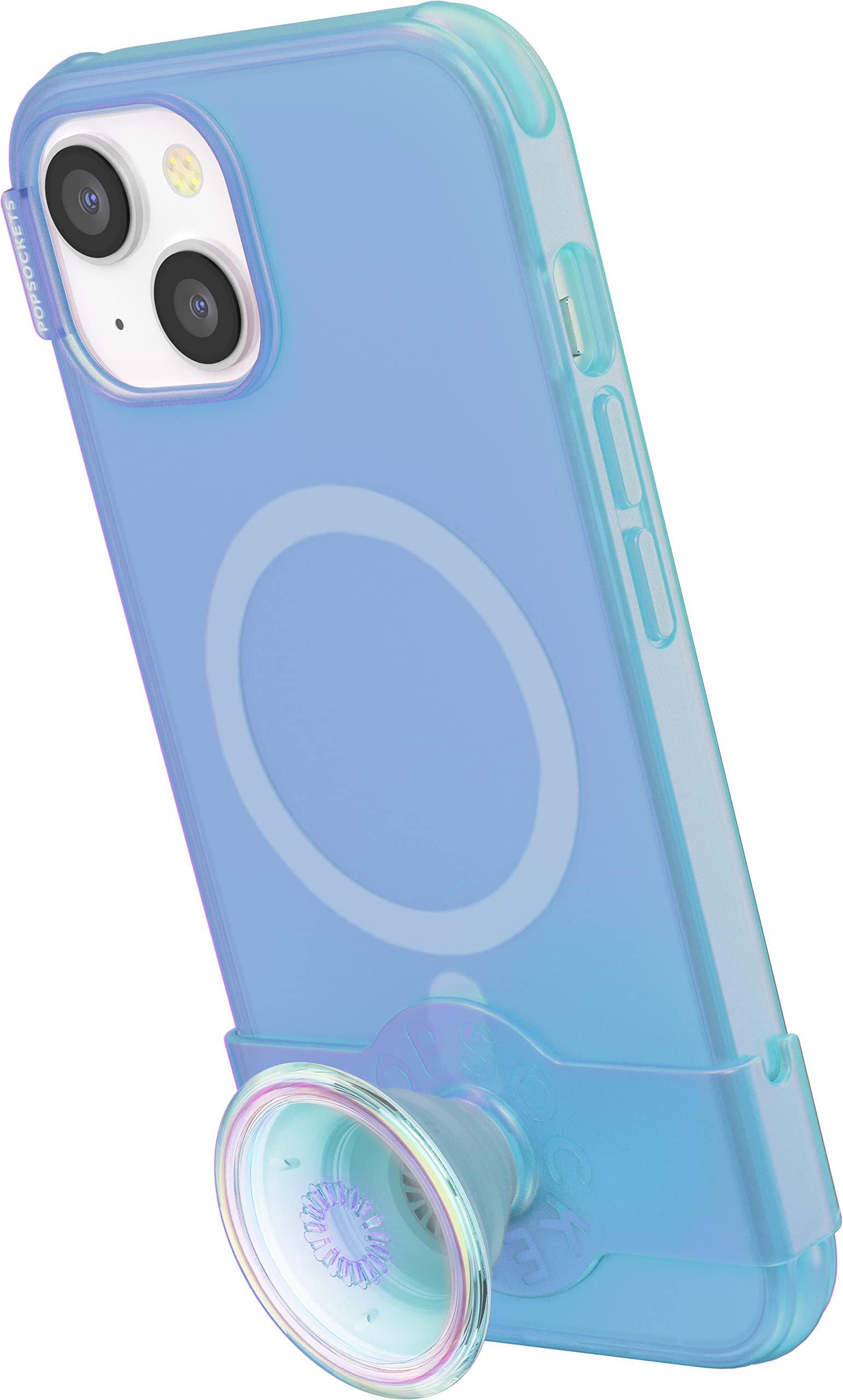 PopSockets iPhone 14 Plus Case with Phone Grip and Slide Compatible with MagSafe, Wireless Charging Compatible - Blue Translucent