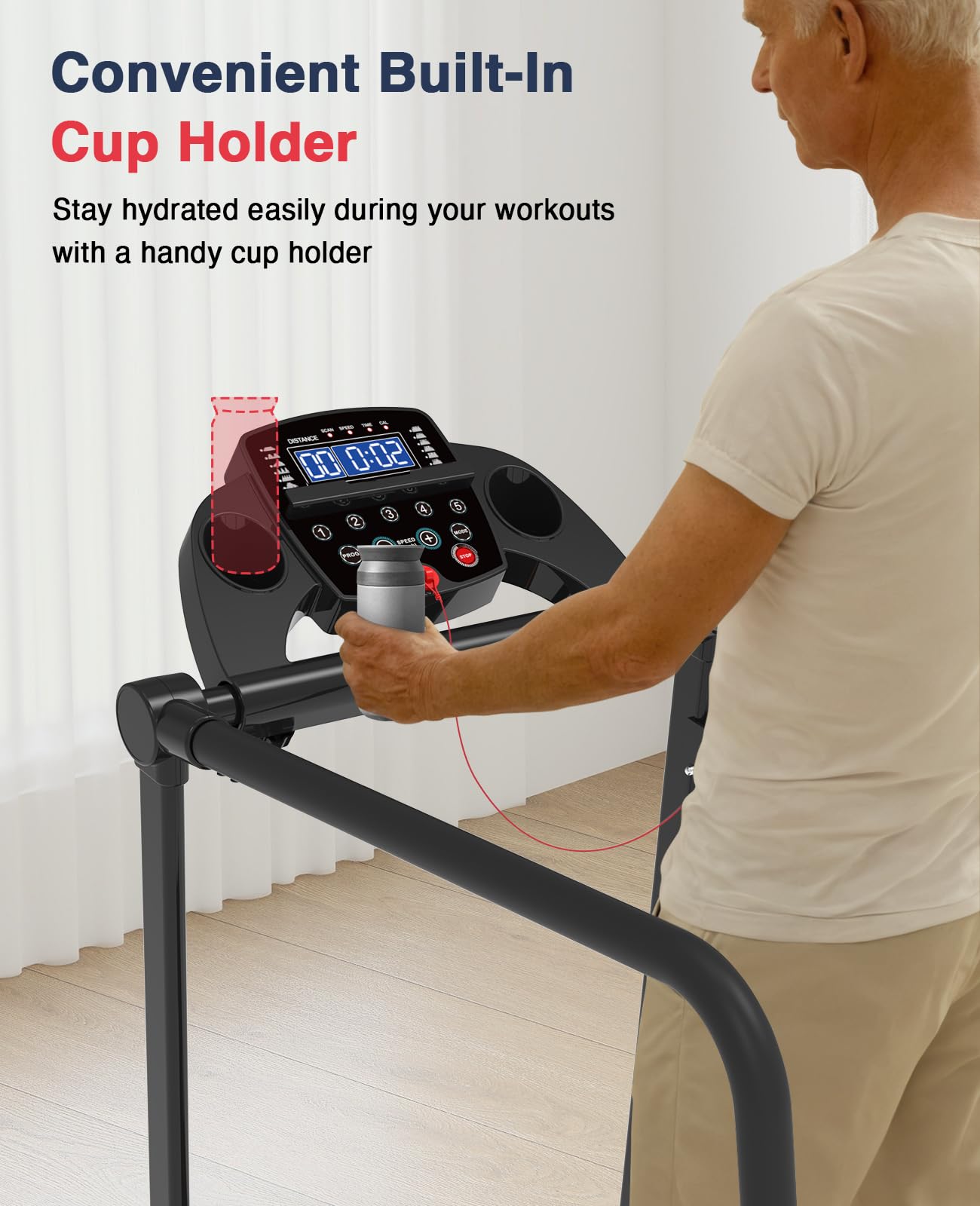 Redliro Walking Treadmill with Long Handrails – Treadmill for Seniors 300 lbs Capacity – Foldable, Lightweight with Wheels, Cup & Phone Holder – Recovery Machine for Home or Apartment