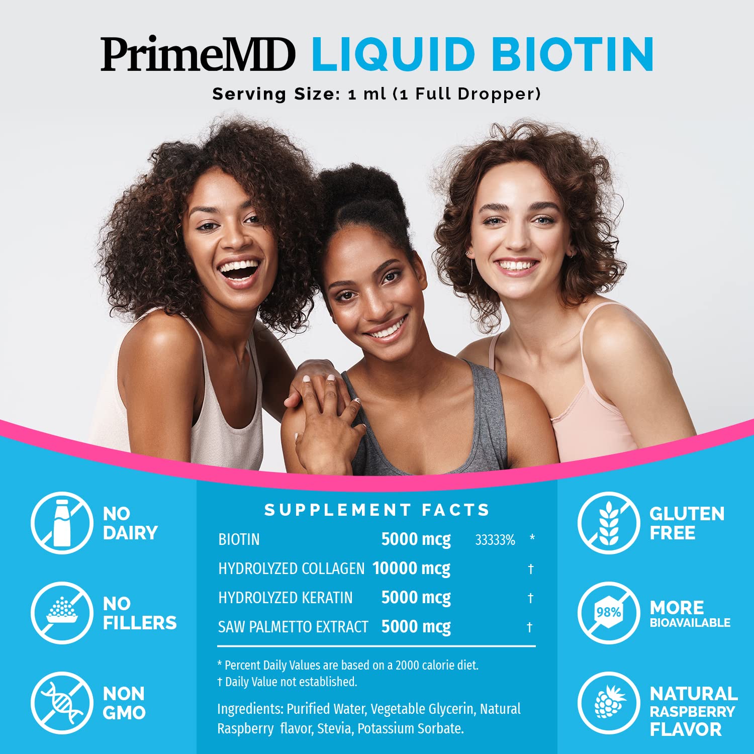 PrimeMD 4-in-1 Liquid Biotin Collagen Keratin Saw Palmetto Drops (3 Pack) Bundle - 25000mcg Hair Nails and Skin Vitamins for Women & Men - 2 Fl Oz Each, Watermelon Flavor, Gluten-Free, Non-GMO
