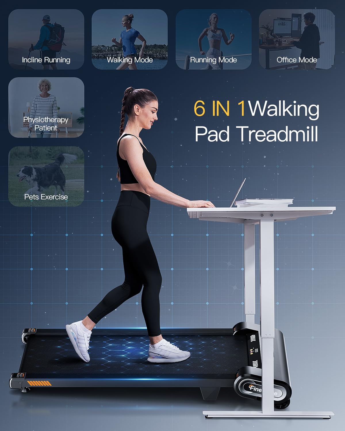 FINEHORSE Walking Pad Treadmill with Auto Incline, 6 in 1 Under Desk Treadmill, 6-Level Incline Treadmills, 2.5HP Portable Treadmills for Home with 330LBS Capacity, LED Display, Remote Control