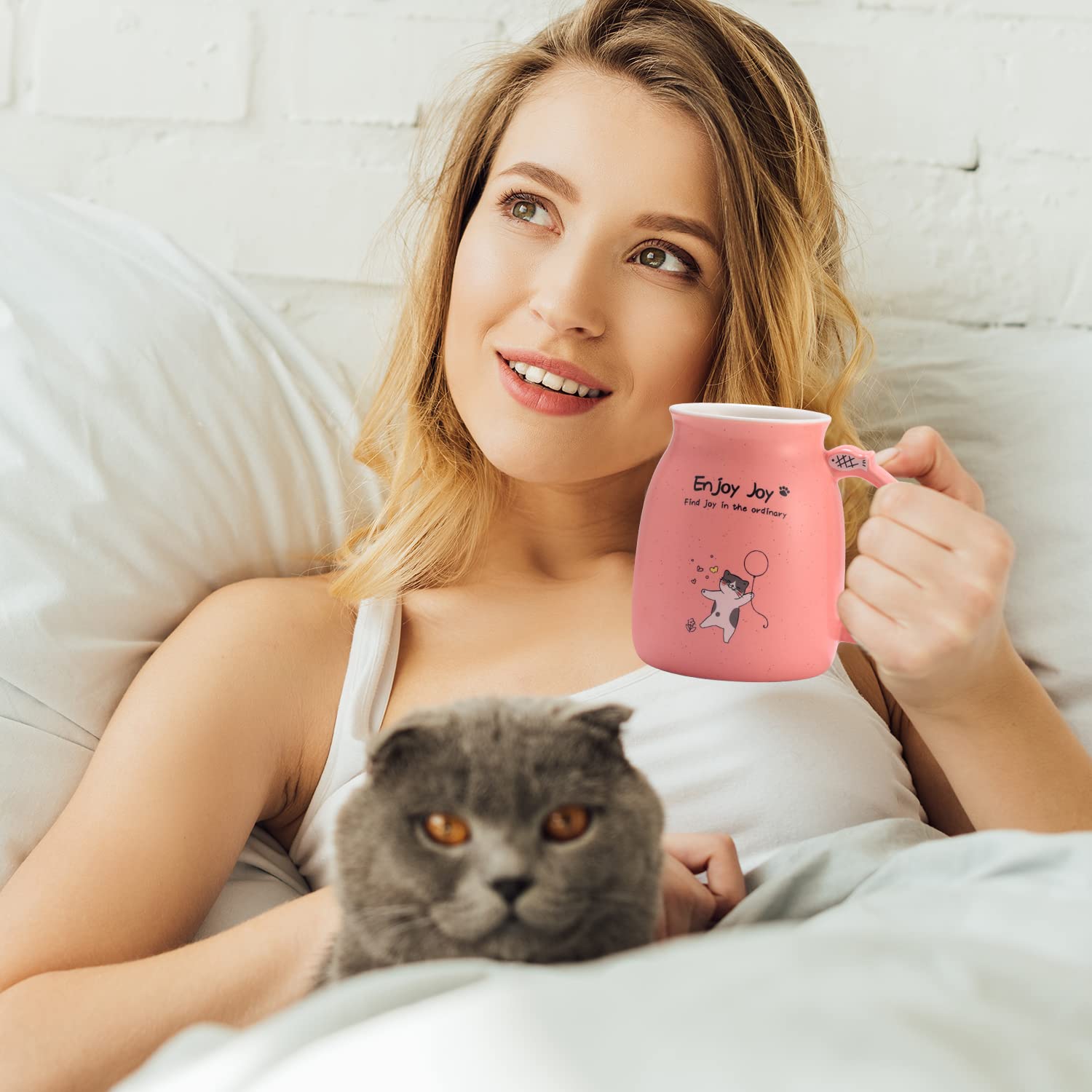 Novelty Cat Mug Cute Ceramic Coffee Cup with Kawaii Wooden Kitty Lid, Lovely Cat Claw Spoon, Anime Wooden Cat Coaster, Cat Things Pink Birthday Mug Gift for Cat Lovers Girl Kids Women 480ML (Pink)