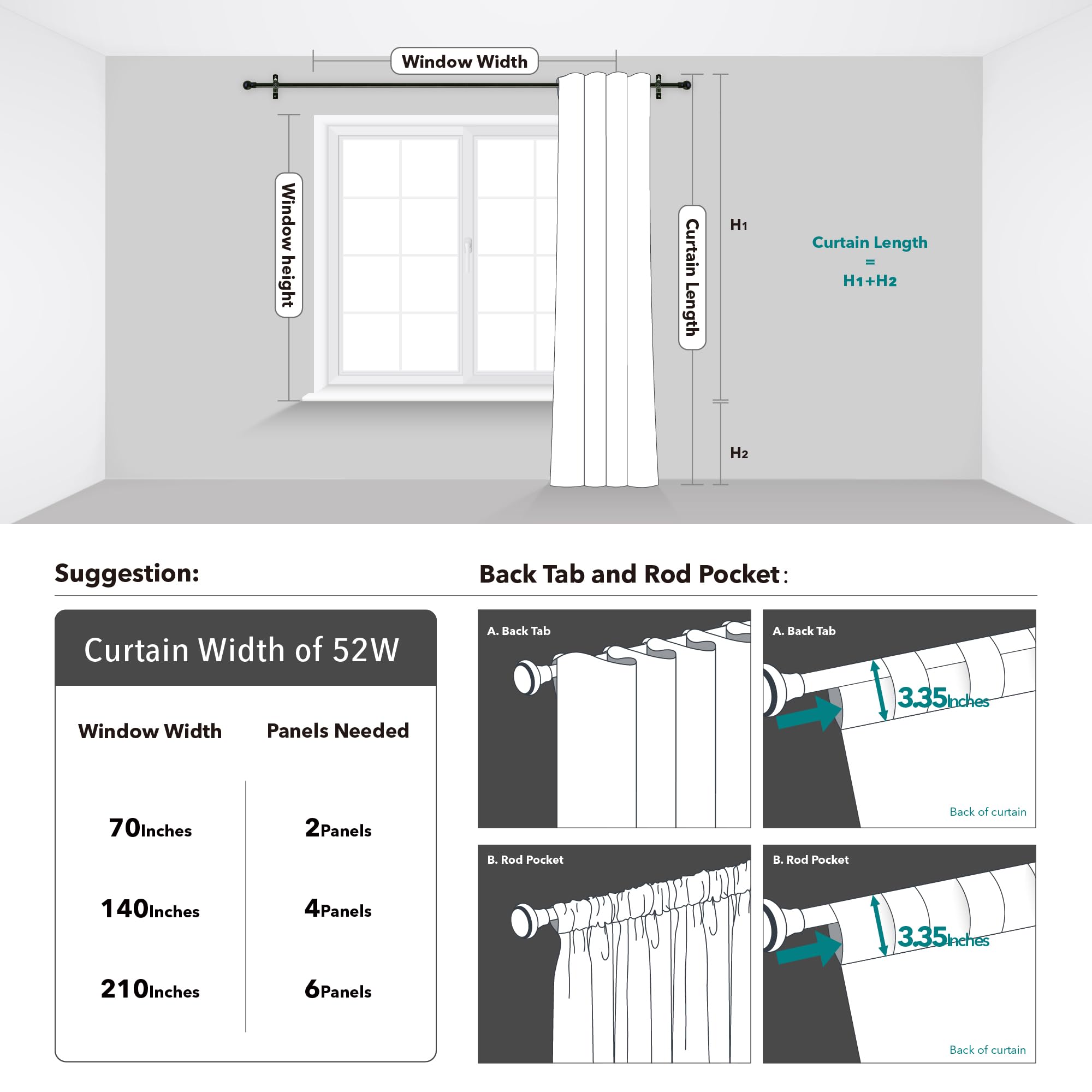 Deconovo Blackout Curtains 96 Inches Long, Living Room Curtains 95 Inch, Bedroom Curtains 2 Panel Sets, Kids Curtains,Silver Wave Back Tab Rod Pocket, 52W x 95L, Turquoise