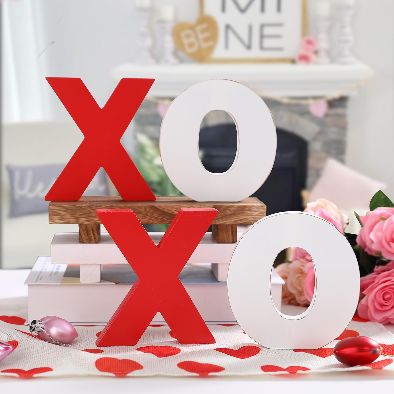 Valentines Day Decor-Wooden XOXO Tabletop Sign-Classic White Red Valentines Decorations for Home Table Shelf Mantel Fireplace Wedding Party Supplies