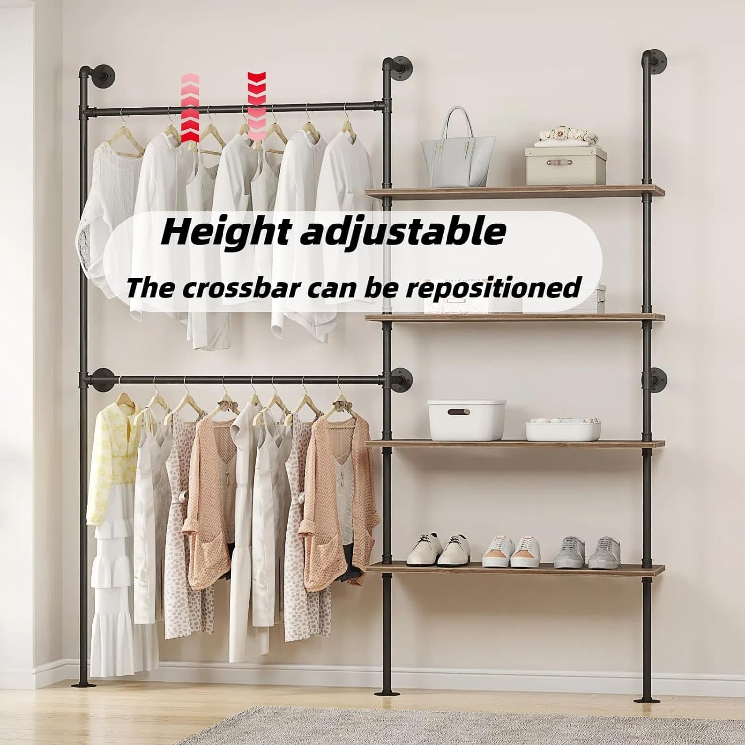 Woskar Industrial Pipe Clothing Rack, Hanging Rods Clothes Rack with Shelves, Clothes Rack for Wardrobe, Corner Closet System for Walk in Closets (Black)