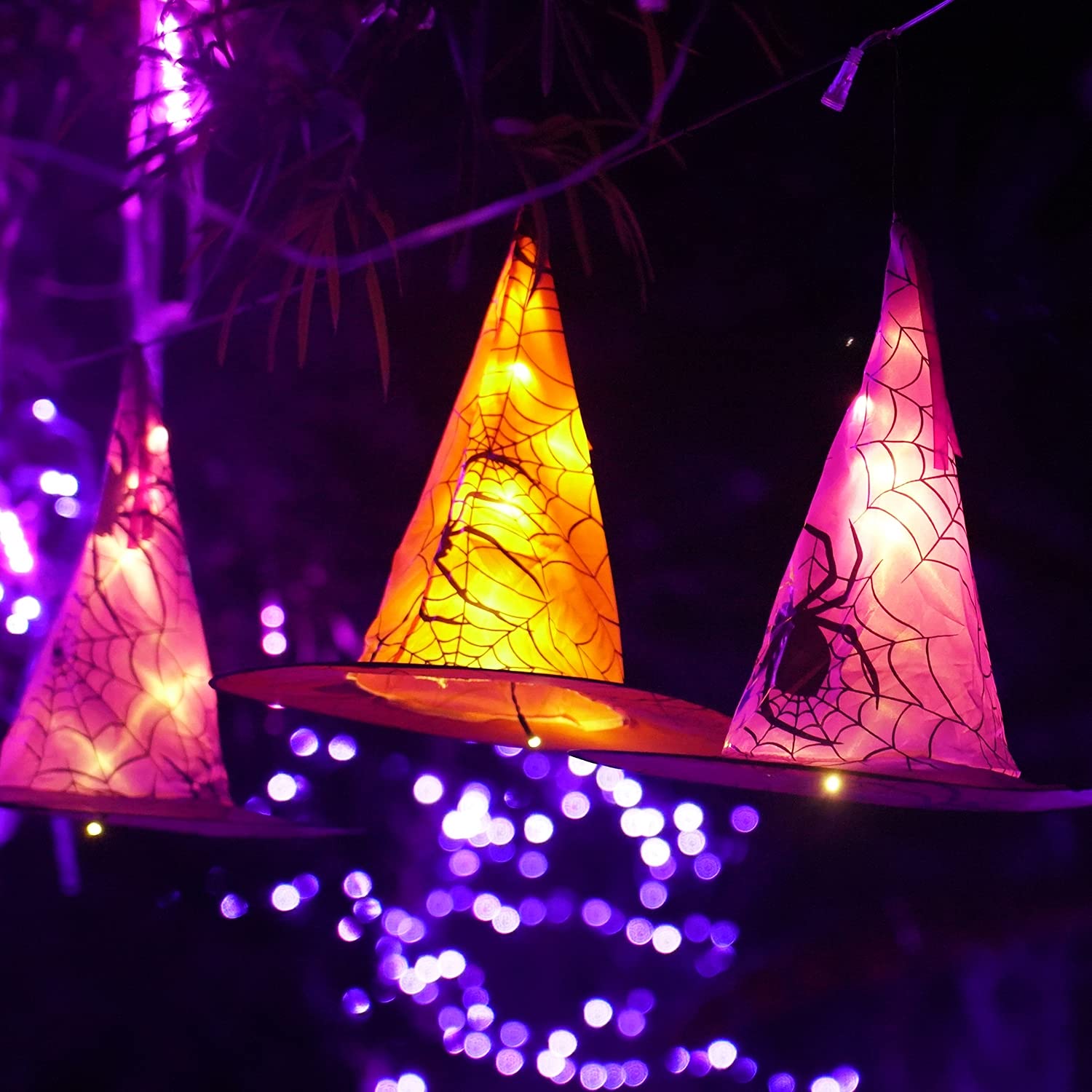 Funpeny Halloween Decoration Lights, 8 PCS Waterproof Hanging Witch Hat with String Lights with Remote for Indoor Outdoor Garden Yard Party Decor