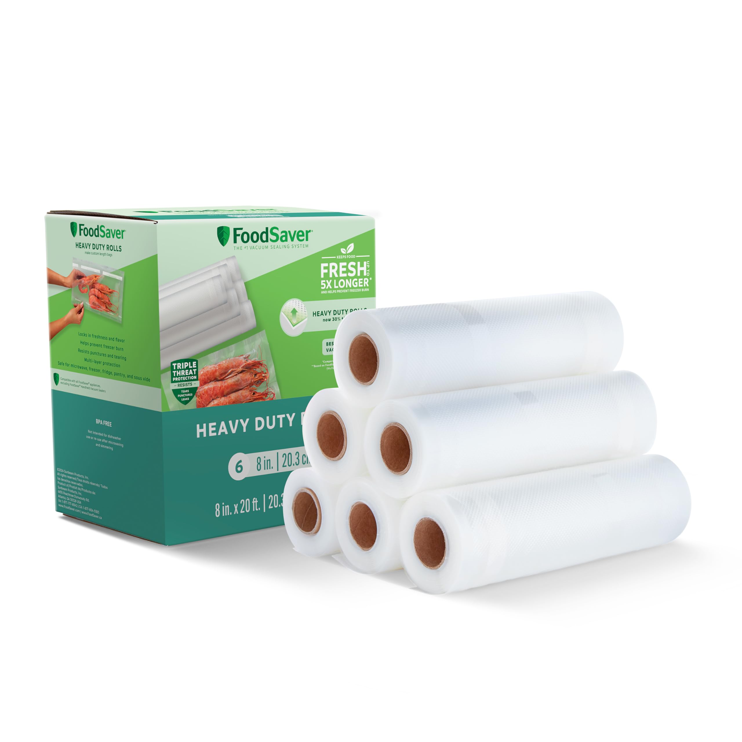 FoodSaver Heavy-Duty Vacuum Seal 8 x 20' Roll, 6-Pack, Ideal for Food Storage and Sous Vide Cooking