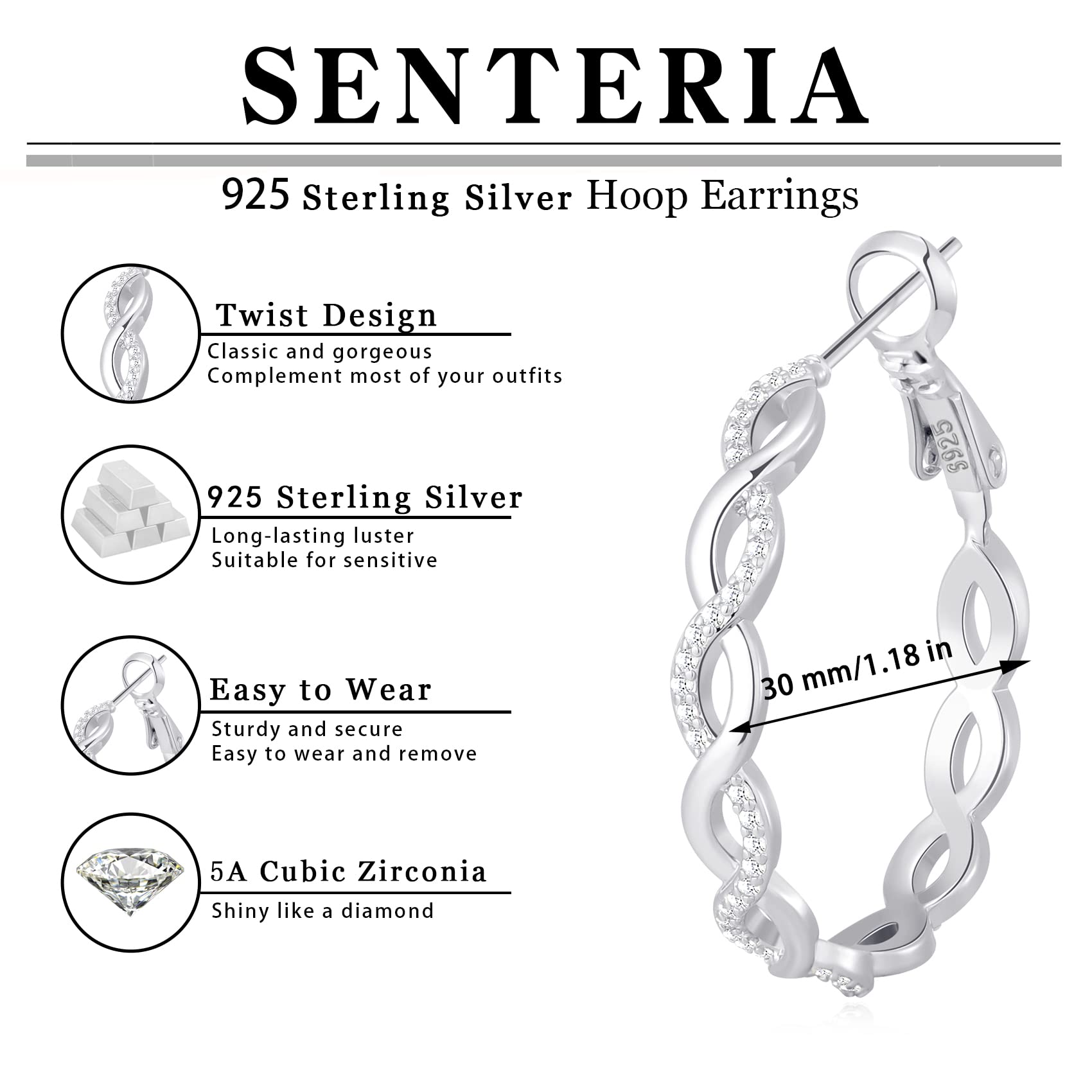 Senteria 925 Sterling Silver Earrings Hoops for Women Lightweight Twisted Hoop Earrings With Cubic Zirconia Hypoallergenic Hoops Earrings for Girls (30MM)