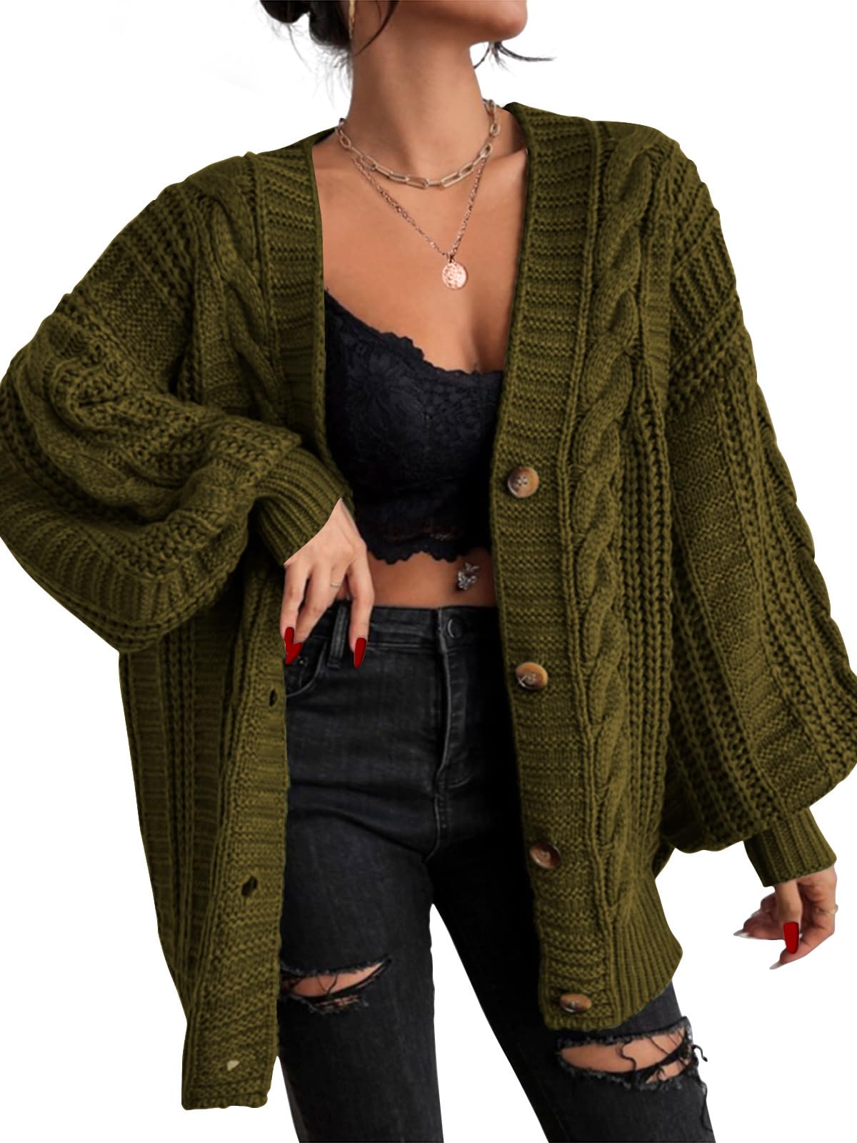 EXLURA Womens 2025 Oversized Cardigan Sweaters Fall Winter Lightweight Soft Knit Cardigan Open Front Button Outwear Coats Army Green