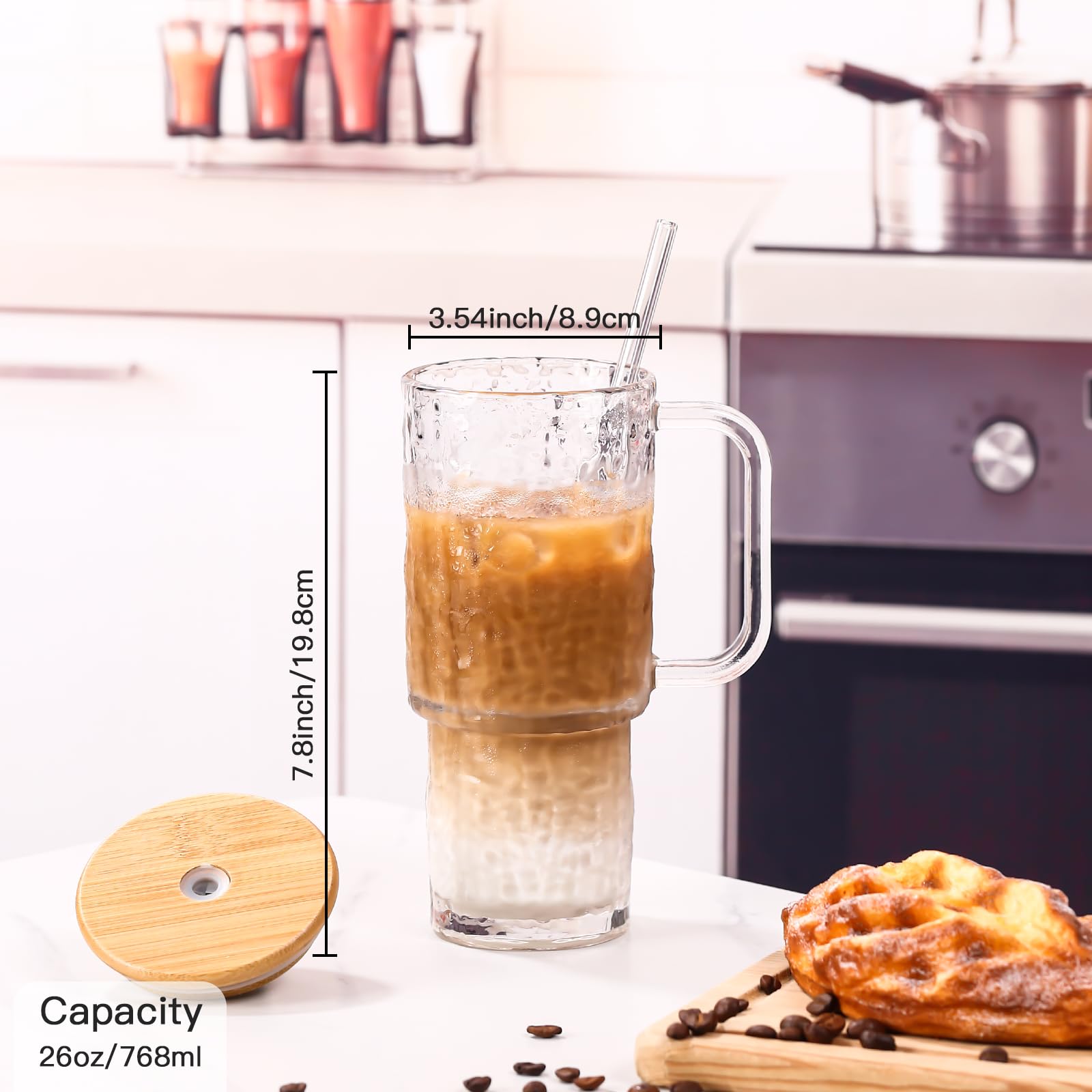 SIPBYSOP 26 oz Water Ripple Glass Tumbler with Handle Lid and Straw, 2 Pack Large Iced Coffee Cups,With Bamboo Lid,for for Hot & Cold Beverages, Smoothies, Tea and Juice, Dishwasher Safe