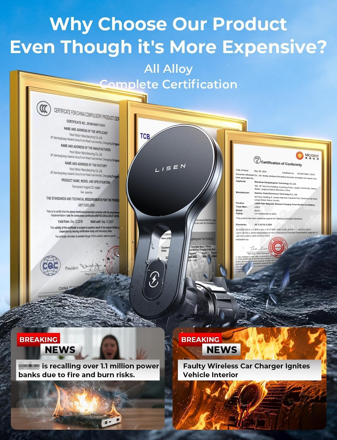 LISEN 15W MagSafe Car Mount Charger, [Stable & Fast Charging] Magnetic Wireless Car Charger, Car Phone Holder Charger Fits iPhone 17 Pro Max Air 16-12,Pixel 10, Samsung S25/S24 with MagSafe Case