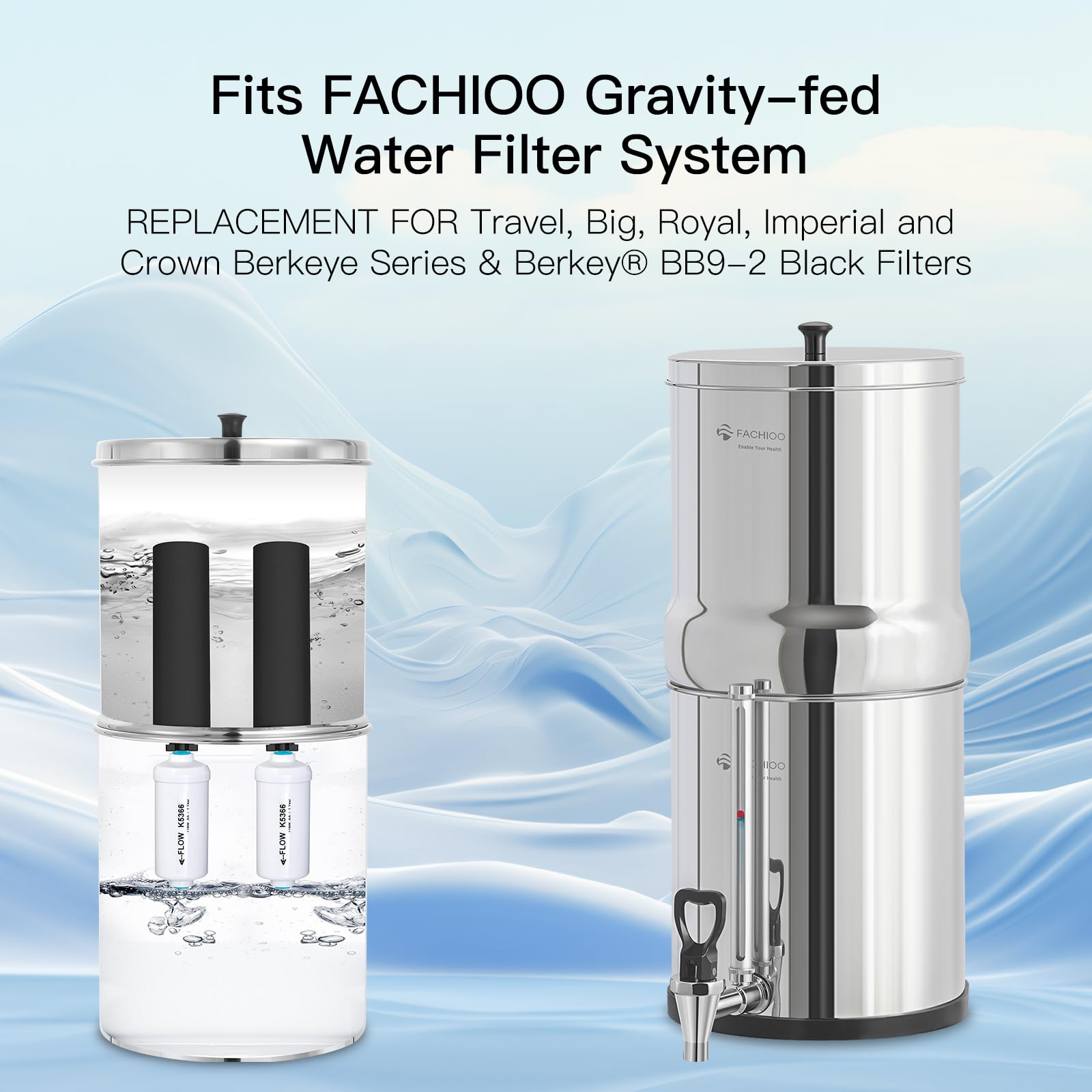 FACHIOO NSF/ANSI 375 Certified Water Filter, Replacement for Berkey® BB9-2® Black Filters & PF-2® Fluoride Filters Purification Elements and Berkey® Gravity Filter System, Pack of 4