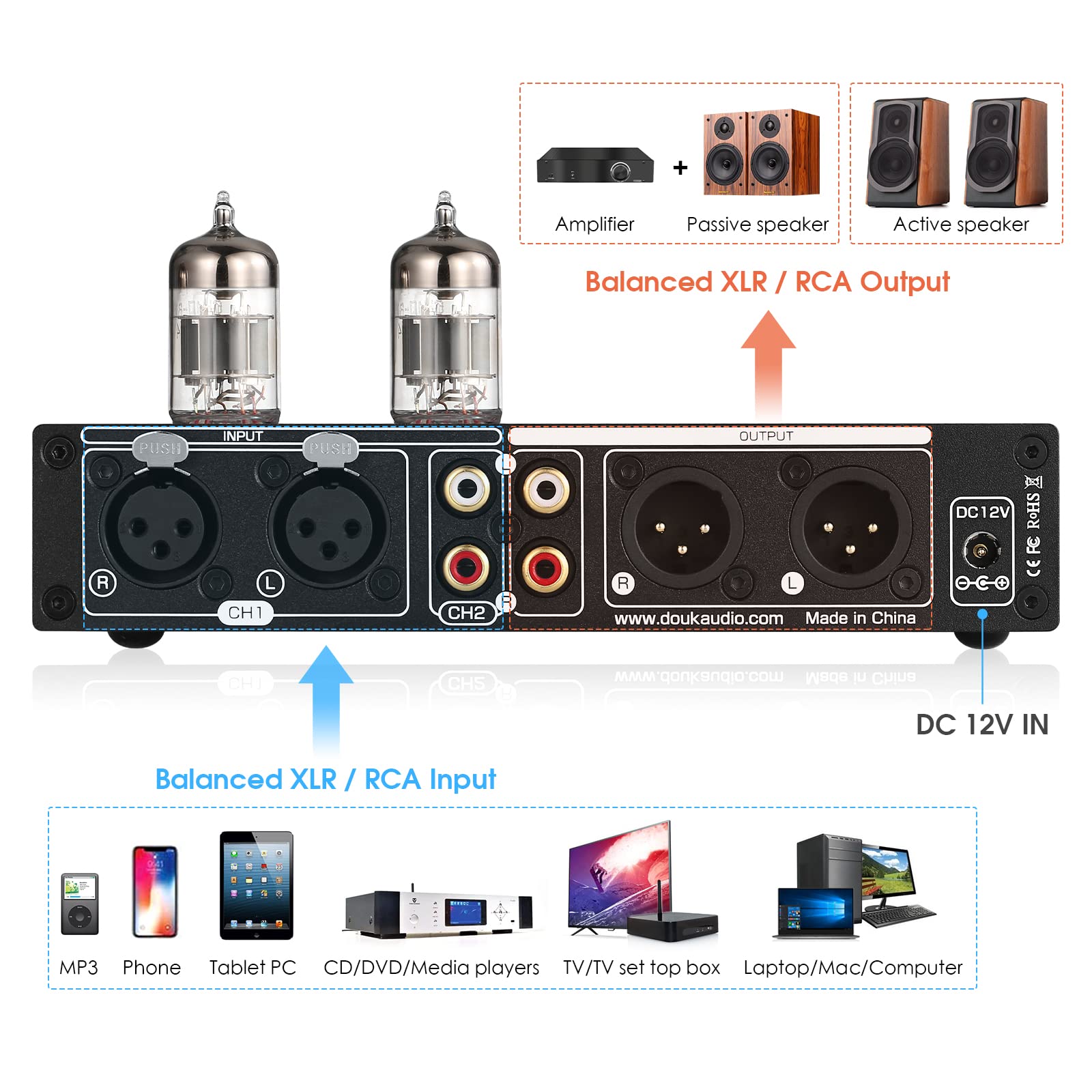 Douk Audio HiFi Vacuum Tube 7-Band EQ Preamp Equalizer XLR Pre-Amplifier Home (T8 PRO)