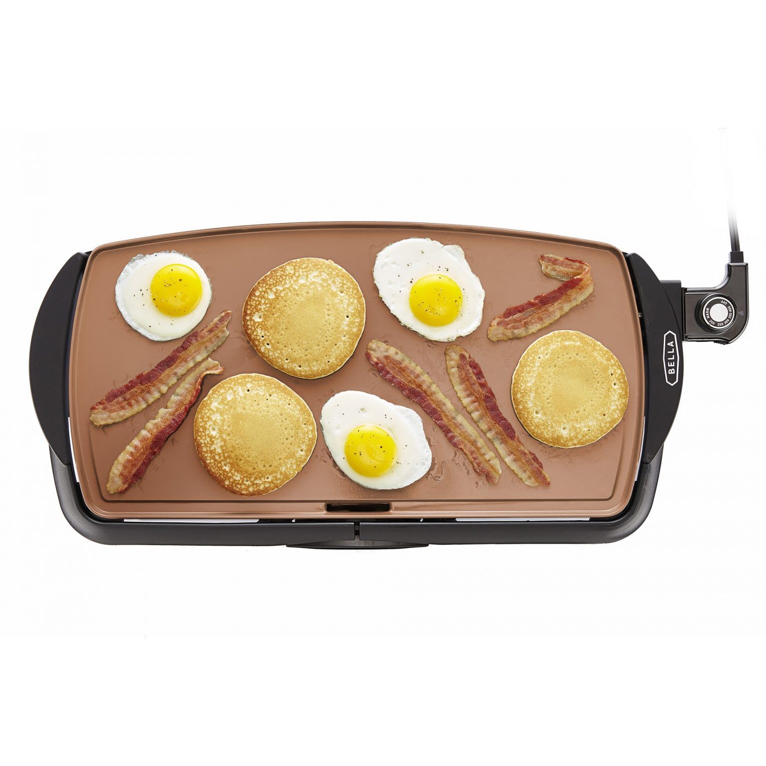 BELLA Electric Ceramic Titanium Griddle, Make 10 Eggs At Once, Healthy-Eco Non-stick Coating, Hassle-Free Clean Up, Large Submersible Cooking Surface, 10.5" x 20", Copper/Black