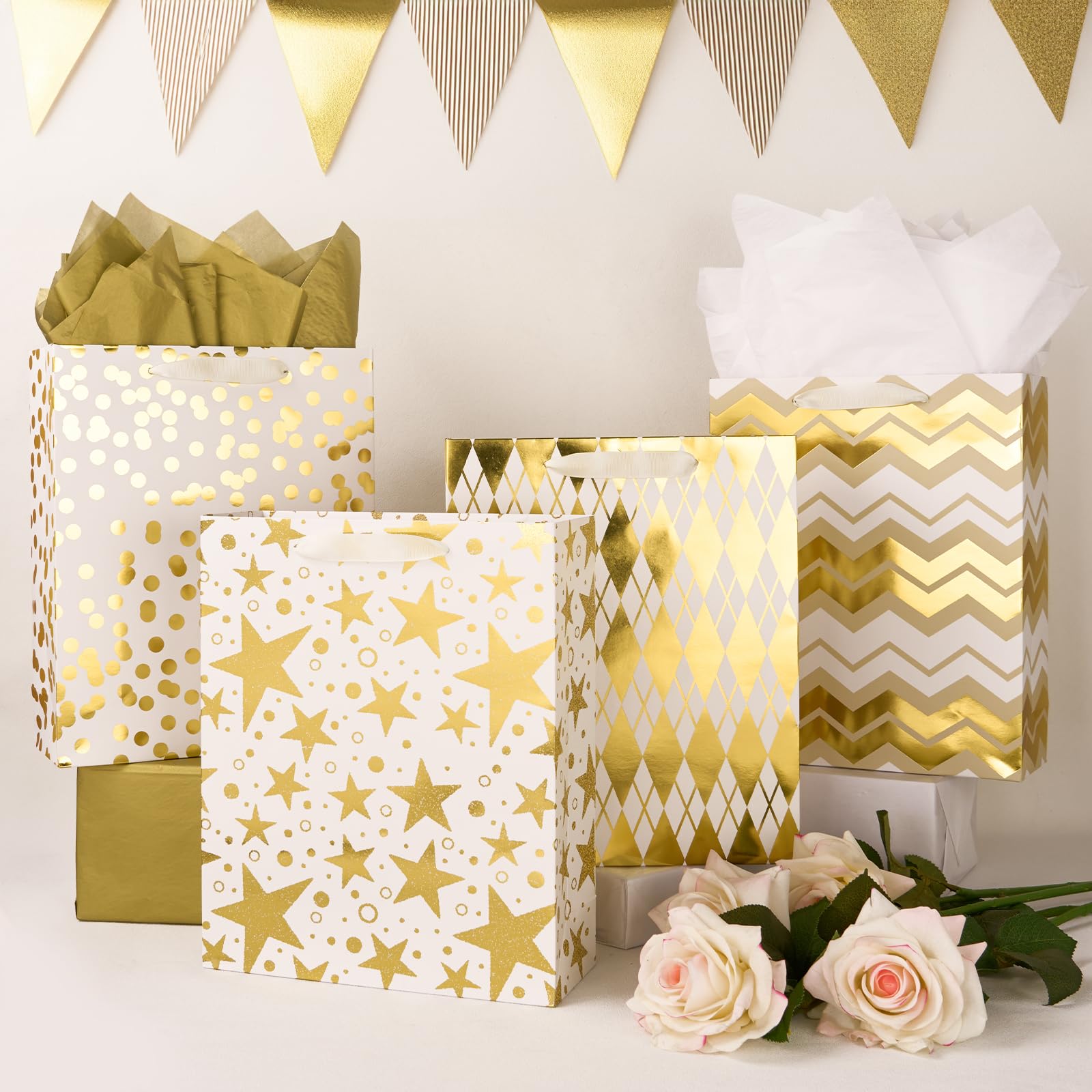 PAPER FAIR Metallic Gold Foil Gift Bags Bulk with White Tissue, 12 Pcs with 4 Unique Patterns: Stars, Polka Dots, Diamonds & Stripes, Large Size 12.5X10X4 inch, Ideal for Christmas Birthday Gift Wrap