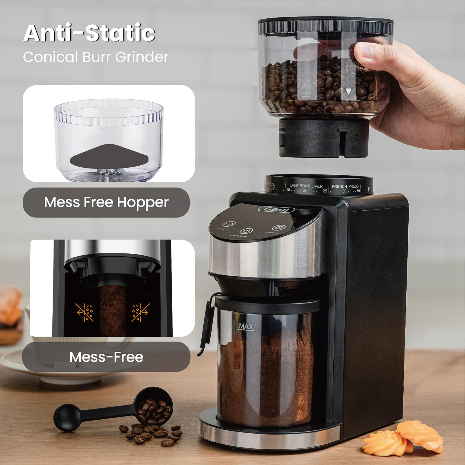 Gevi Burr Coffee Grinder, Adjustable Conical Burr Mill with 35 Precise Grind Settings, Anti-Static, Coffee Grinder Electric for Espresso/Drip/Percolator/French Press/American/Turkish Coffee Makers