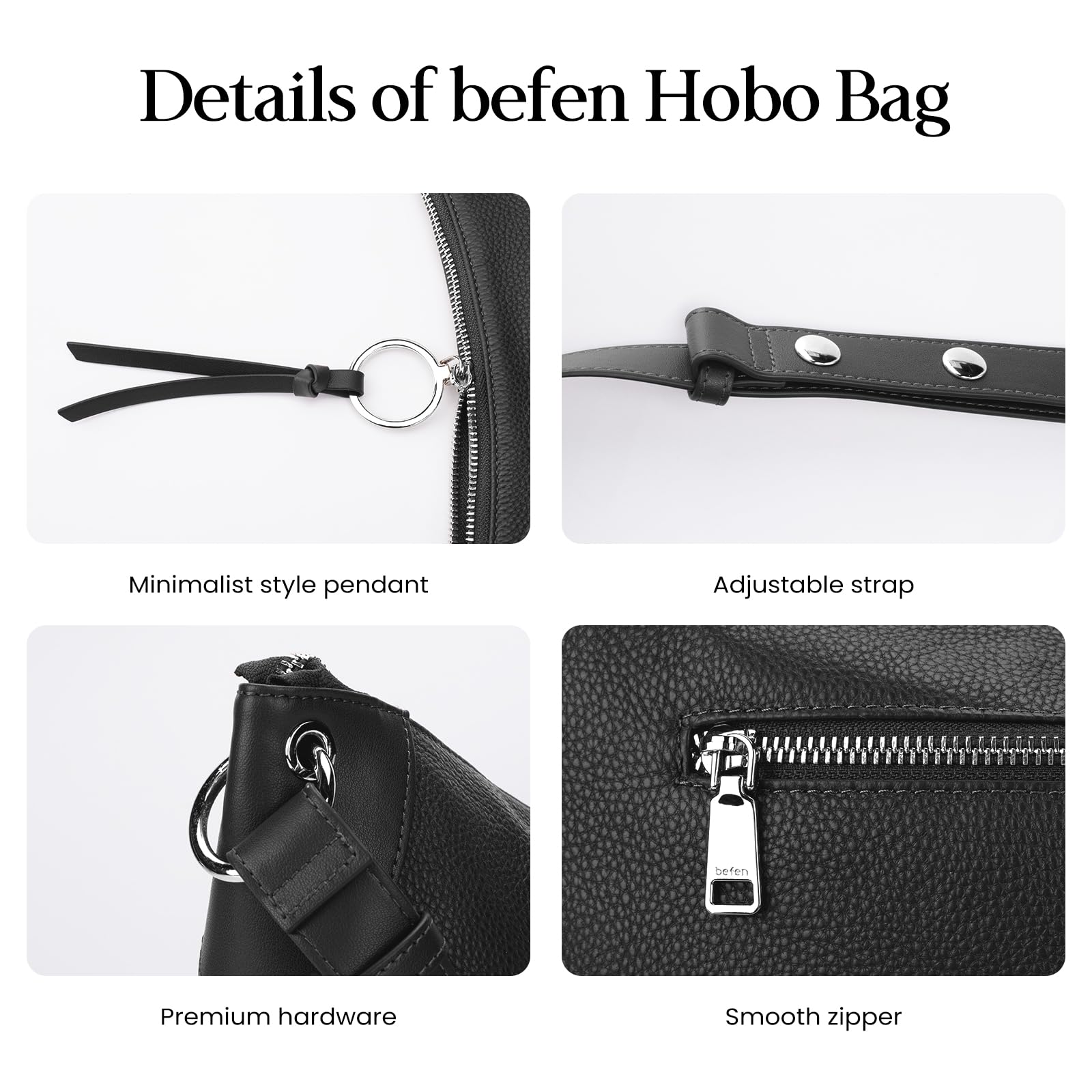 befen Genuine Leather Hobo Crossbody Bags for Women, Black Soft Real Leather Hnadbags Womens Crossbody Purse Shoulder Bag Everyday Hobo Bags with Adjustable Strap & Tassel for Work& Daily & Travel
