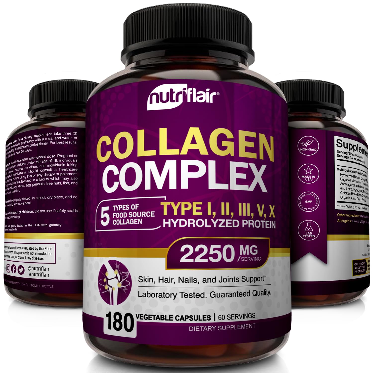 NutriFlair Multi Collagen Peptides 2250mg - Type I, II, III, V, X - Collagen Supplements Complex Powder Pills for Women and Men - Hydrolyzed Protein, Healthy Hair, Skin, Nails - Non-GMO (180 Capsules)