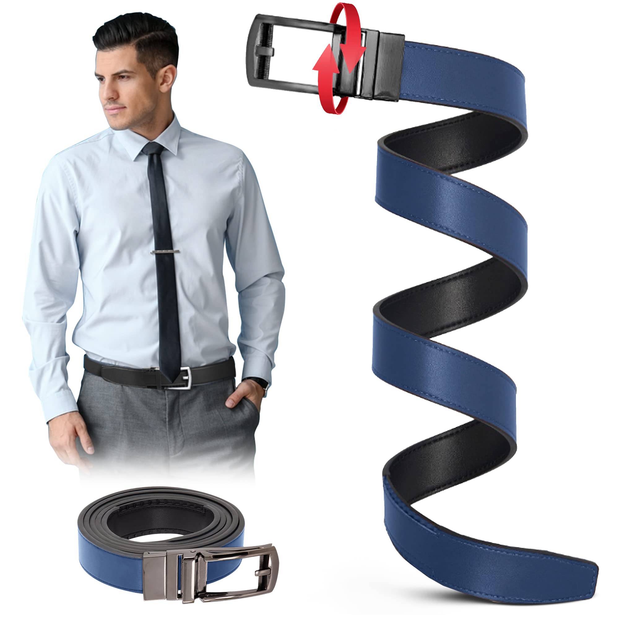 Mark Fred Leather Reversible Ratchet Belt (Black/Navy, One Size - Up to 51), Mens Belt
