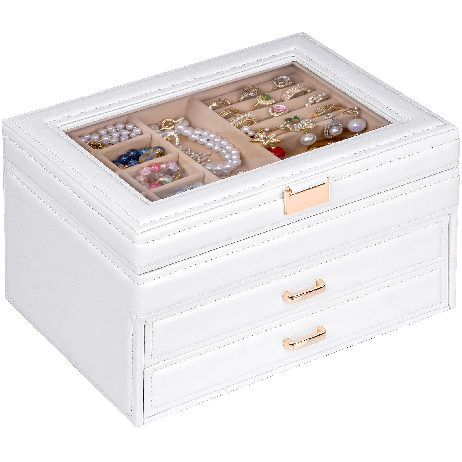 Souroyea 3 Layer Jewelry Box, Jewelry Boxes & Organizers, Jewelry Holder Organizer With Glass Lid, Jewelry Organizer for Big and Small Jewelry, Earring Organizer, 2 Drawers Jewelry Boxes for Women