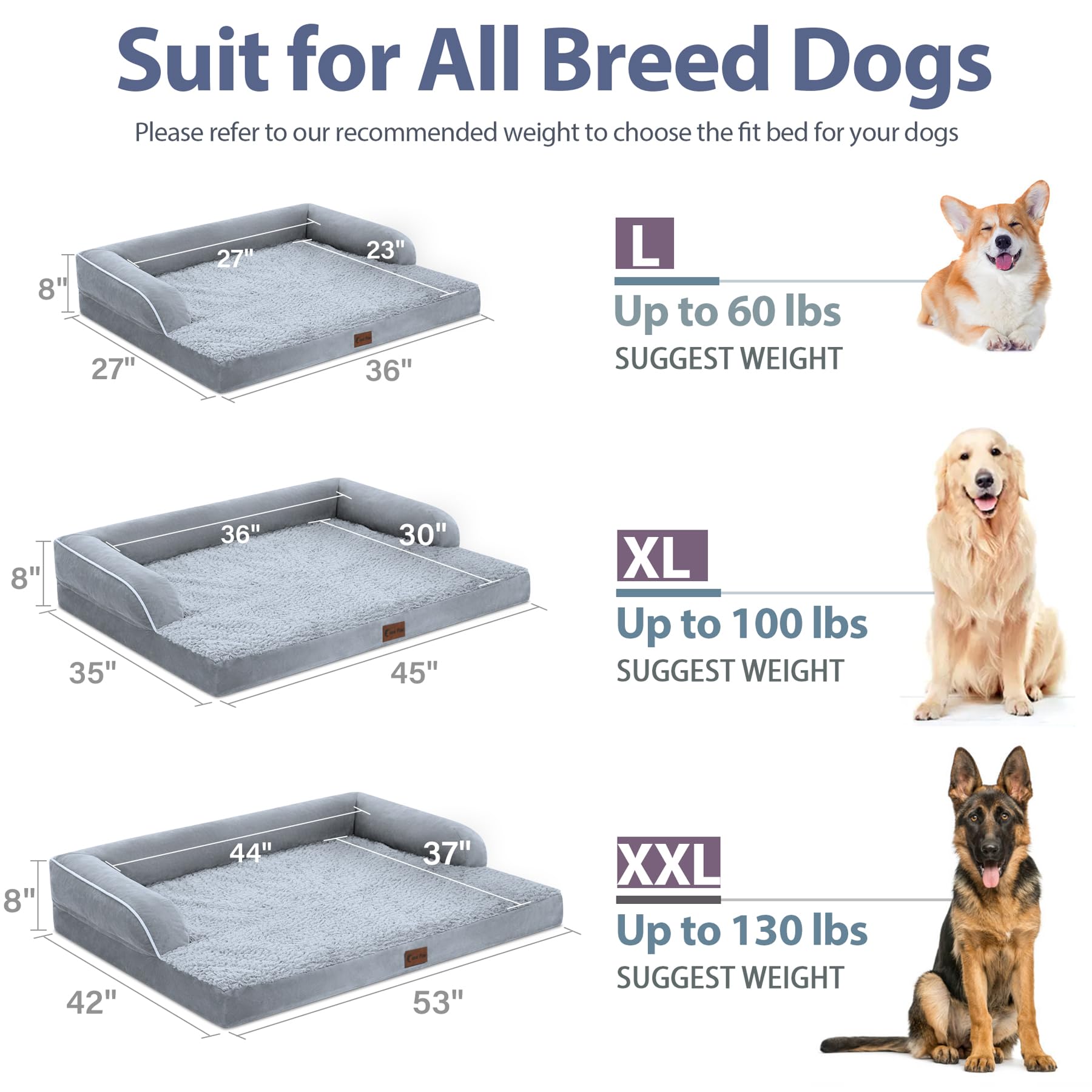 Casa Paw Orthopedic Dog Beds for Extra Large Dogs, Waterproof XLarge, Memory Foam Couch , Comfy Bolster Pet Bed with Removable Washable Cover, Nonskid Bottom (X-Large, Grey)