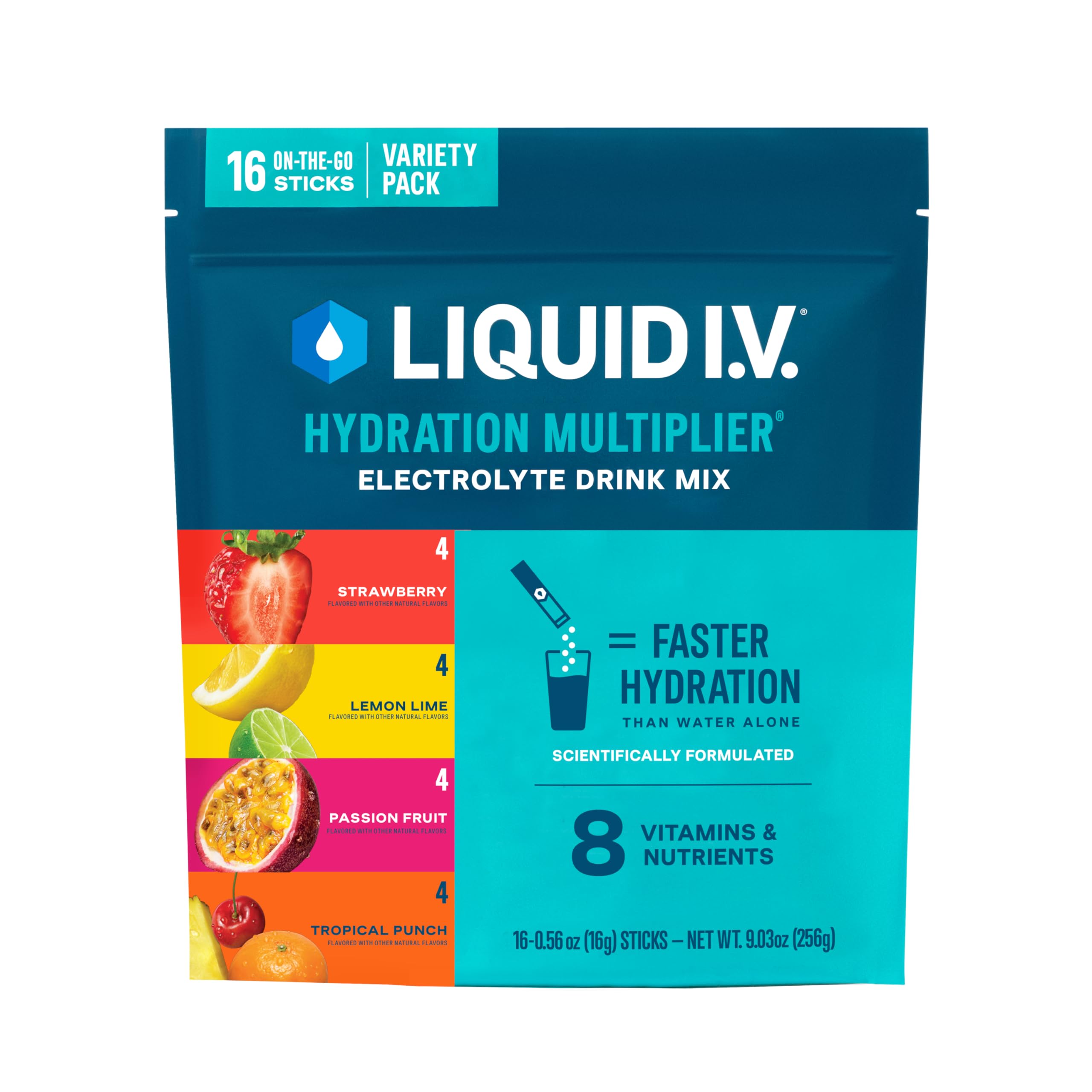 Liquid I.V.® Hydration Multiplier - Variety Pack - Lemon Lime, Passion Fruit, Strawberry, Tropical Punch | Electrolyte Powder Drink Mix | 1 Pack (16 Servings)