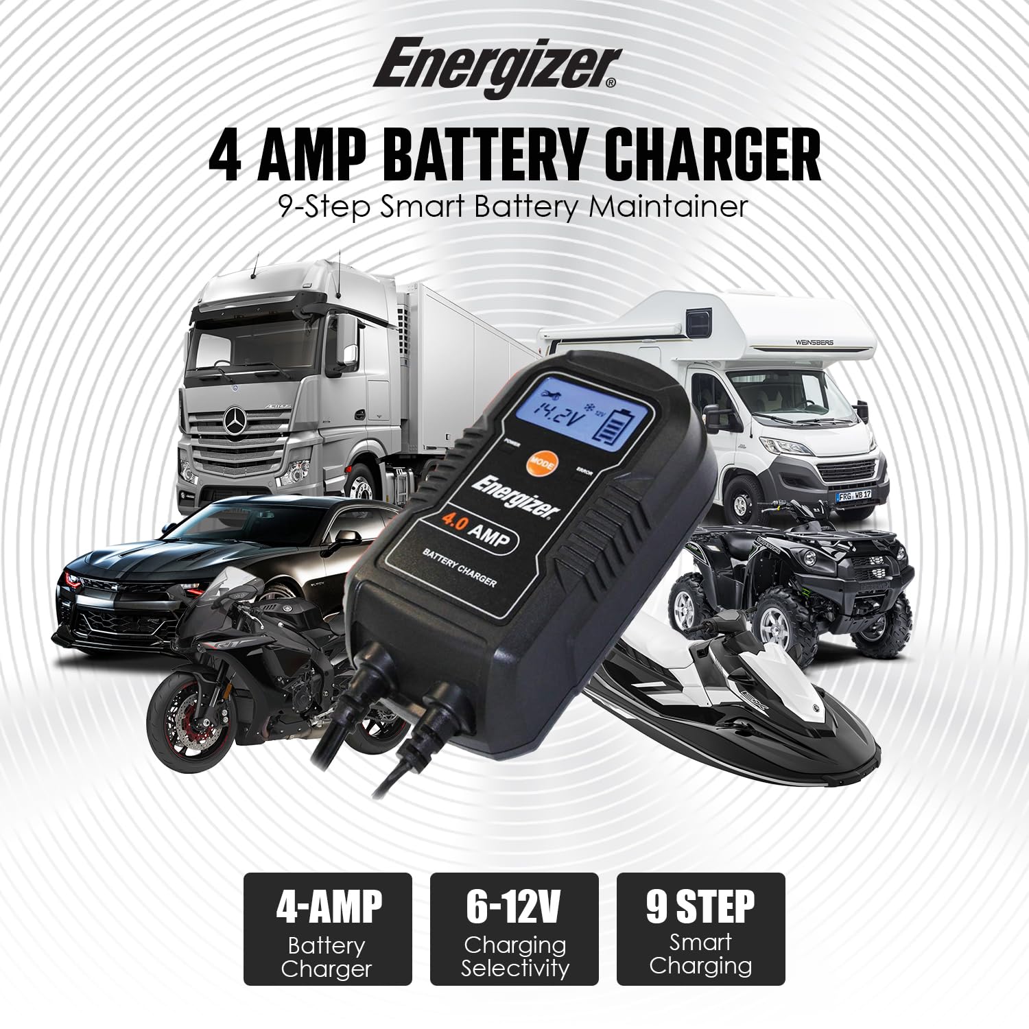 ENERGIZER 4-Amp 6V/12V Auto Charger, 9-Step Smart Battery Maintainer, Trickle Charger w/ LCD Display