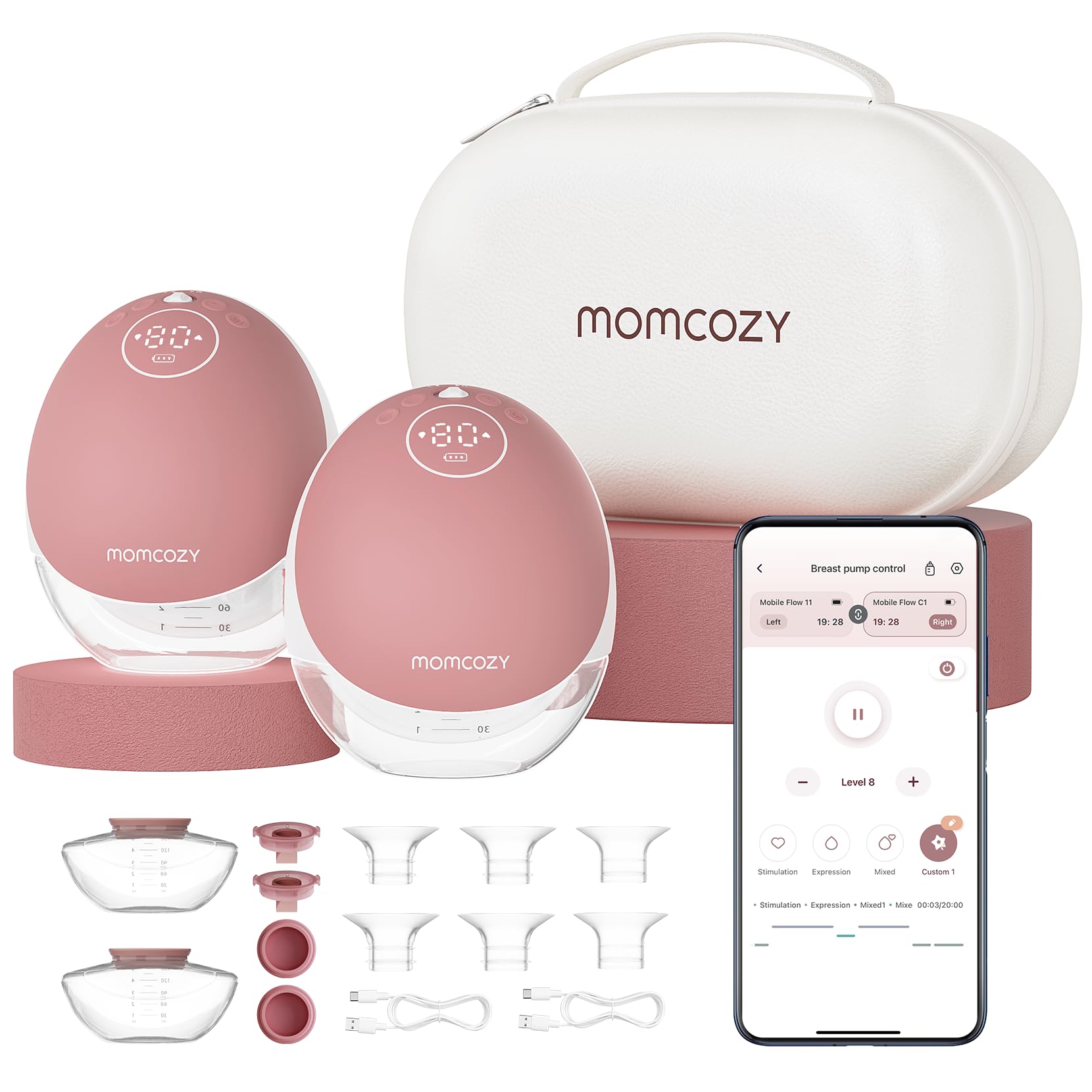 Momcozy Breast Pump Hands Free Mobile Flow | M9, App Discreet Control with Personalized Multi-Modes & 15 Levels, Independent Breastmilk Storage, Wearable Breast Pump M9 24mm, 2 Pack