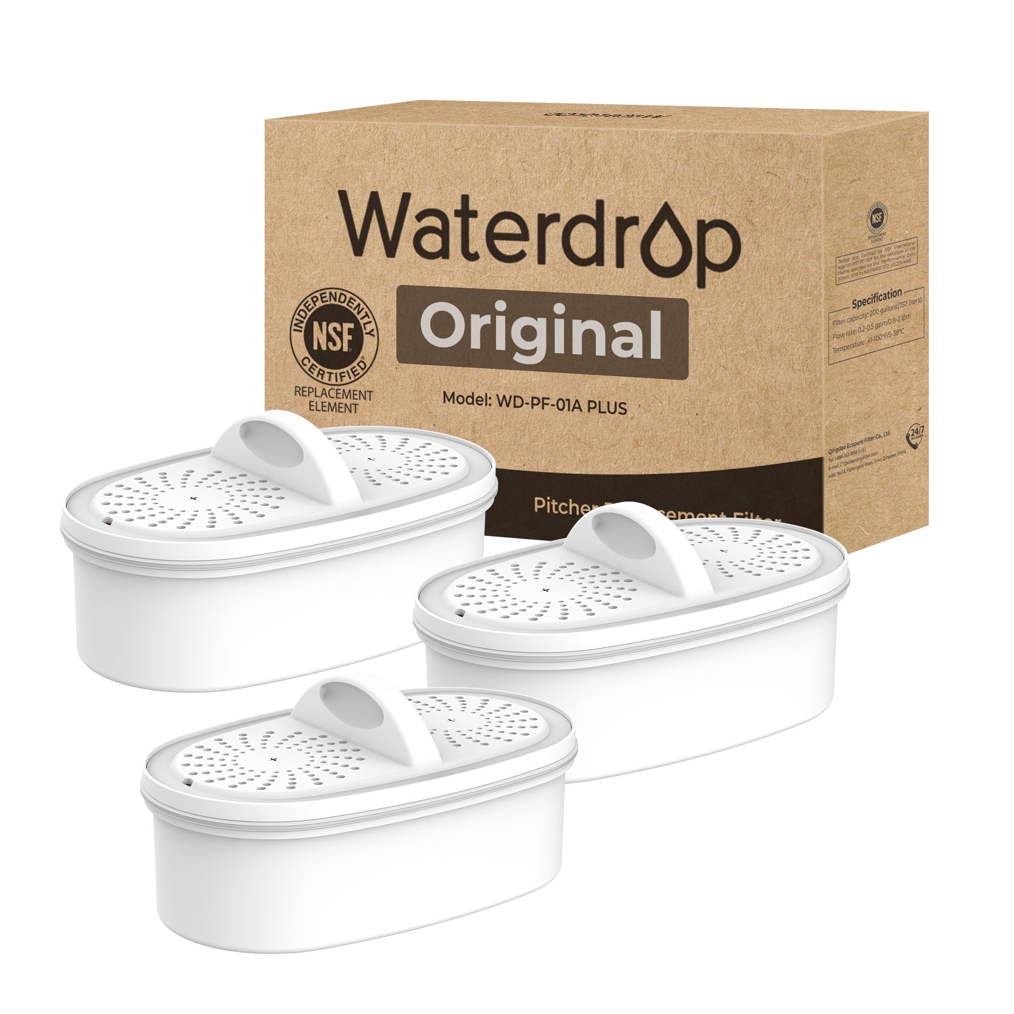 [Original] Waterdrop WD-PF-01A Plus NSF Certified Replacement Filters for All Waterdrop Pitcher and Dispenser Filtration System, Reduces PFAS, PFOA/PFOS, Last Up to 200 Gallons (3 Packs)