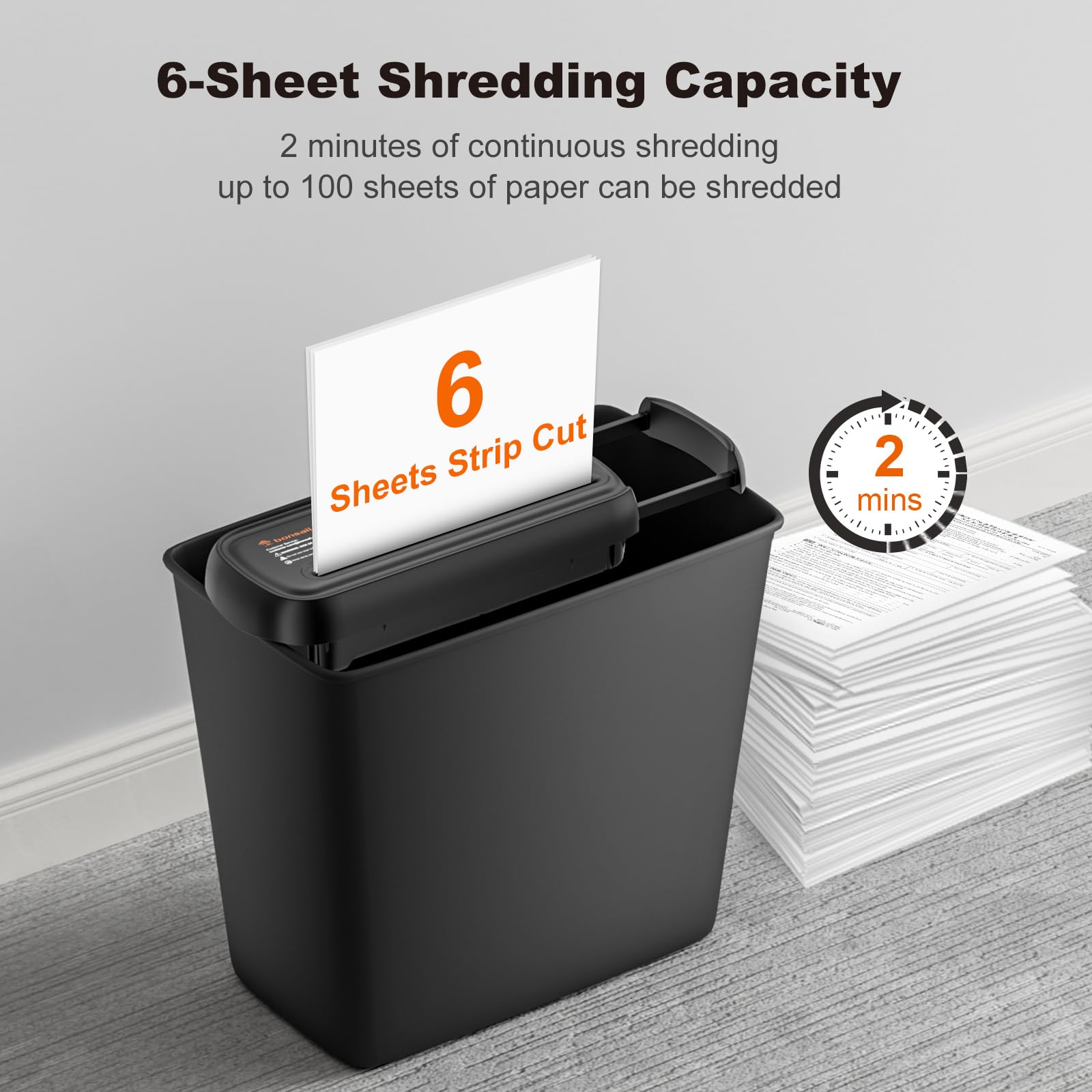 Bonsaii Paper Shredder for Home Use, 6 Sheet Strip Cut Small Paper Shredder Without Basket for Home Office, Portable Shredder Extendable Arm Design with Overheat Protection (S123-B)